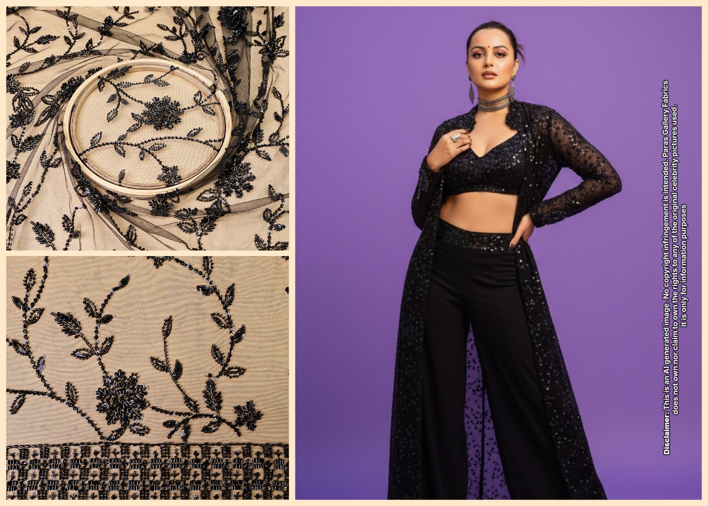 Sonakshi Sinha Inspired Edition | Black Embroidered Imported Net Unstitched Fabric 15356