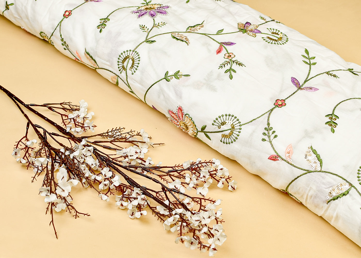 White Cotton Fabric with All Over Thread, Katdana & Sequins Work 15359