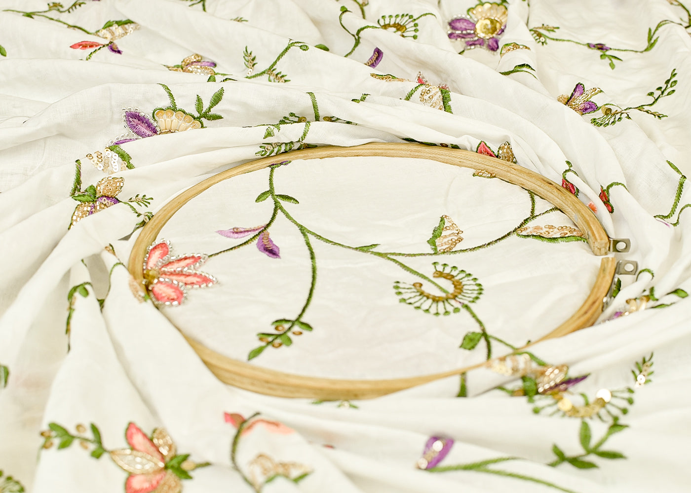 White Cotton Fabric with All Over Thread, Katdana & Sequins Work 15359