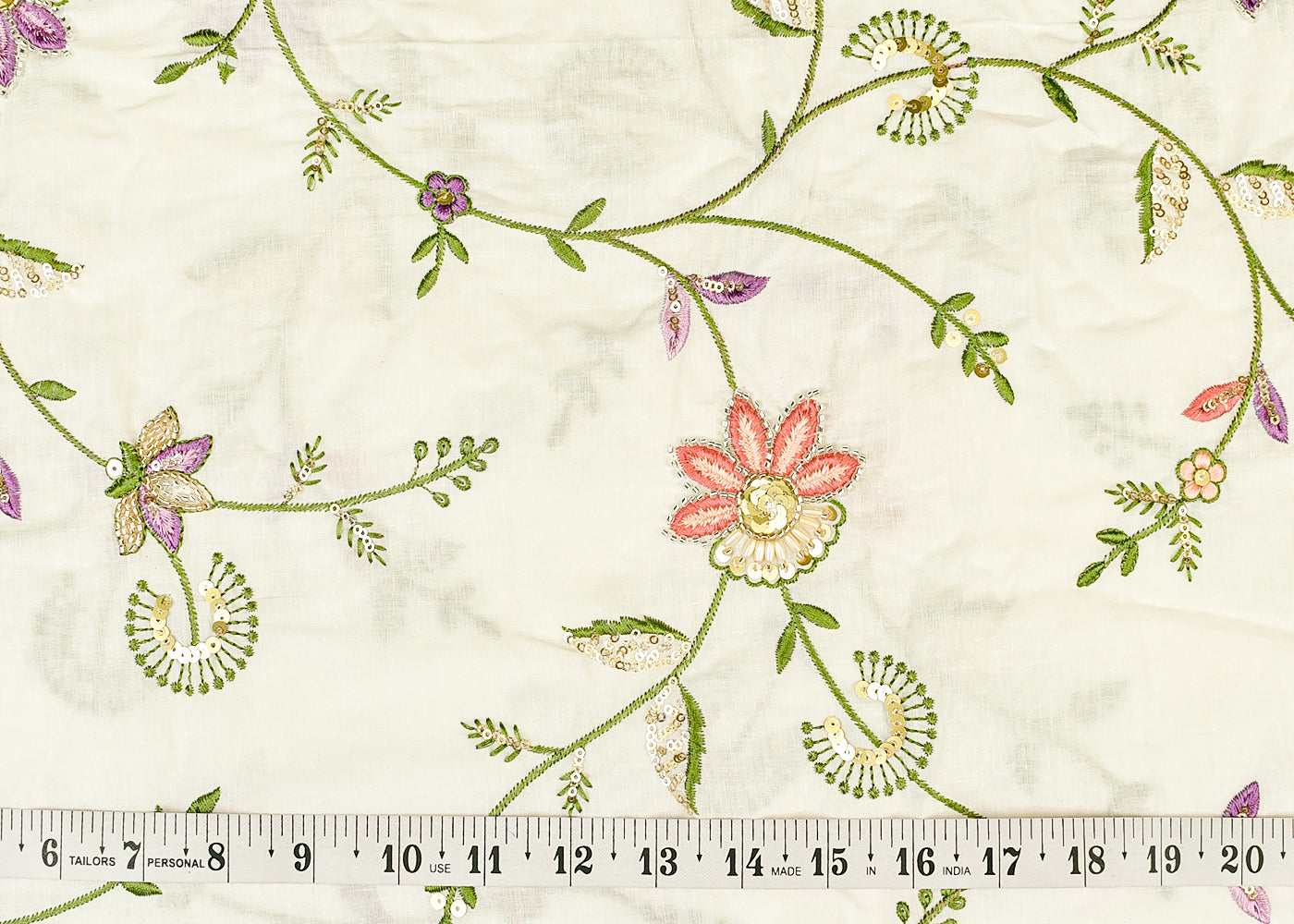 White Cotton Fabric with All Over Thread, Katdana & Sequins Work 15359