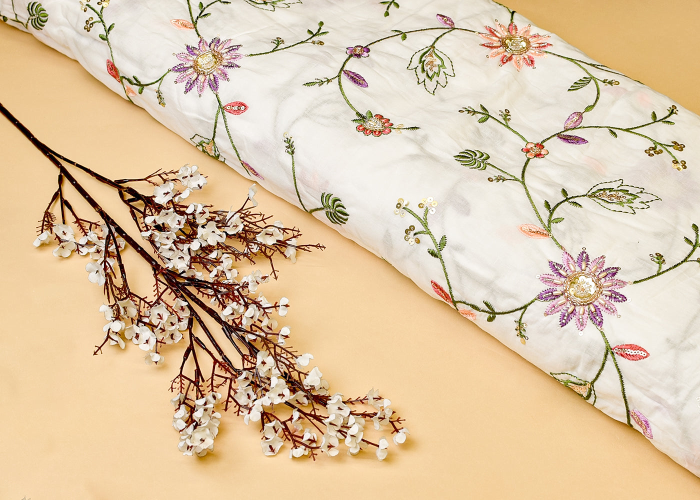 White Cotton Fabric with All Over Thread, Katdana & Sequins Work 15360