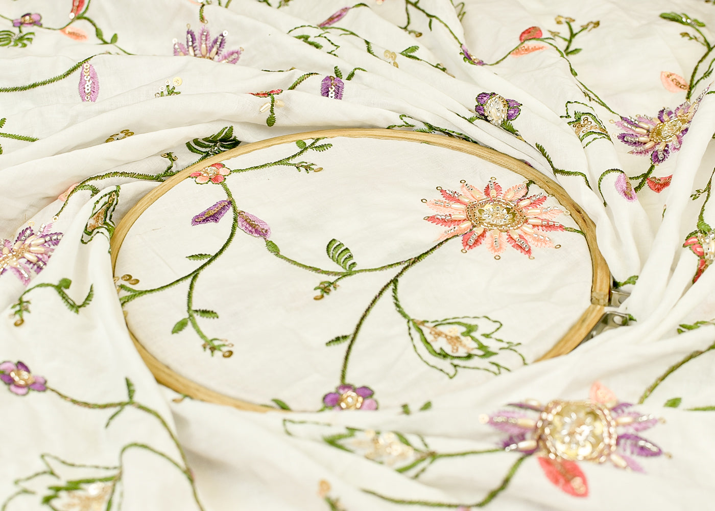 White Cotton Fabric with All Over Thread, Katdana & Sequins Work 15360