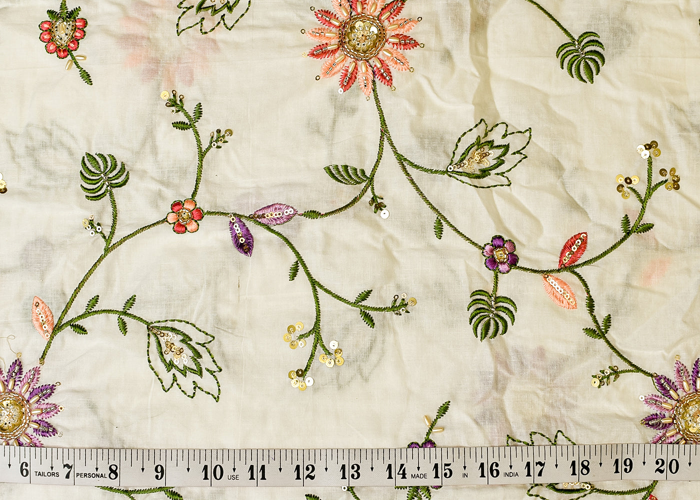 White Cotton Fabric with All Over Thread, bead, Katdana & Sequins Work 15360