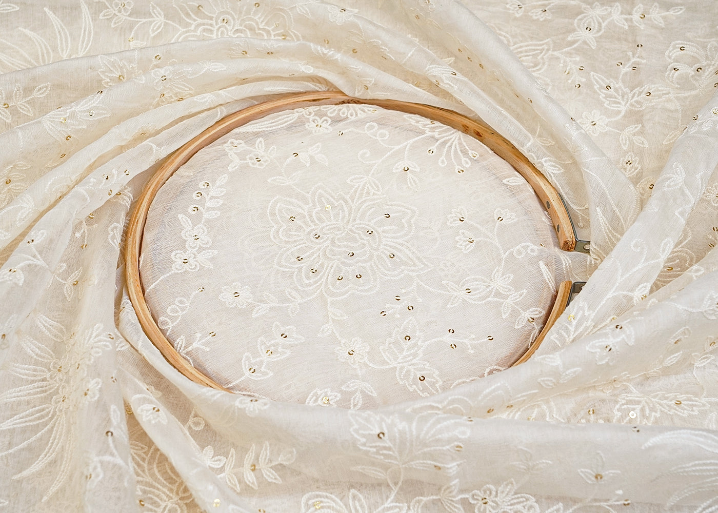 White Chanderi Fabric with All Over Thread and Sequins Work 15370