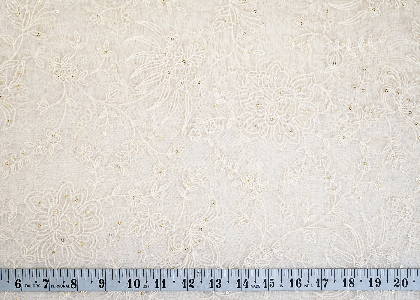 White Chanderi Fabric with All Over Thread and Sequins Work 15370