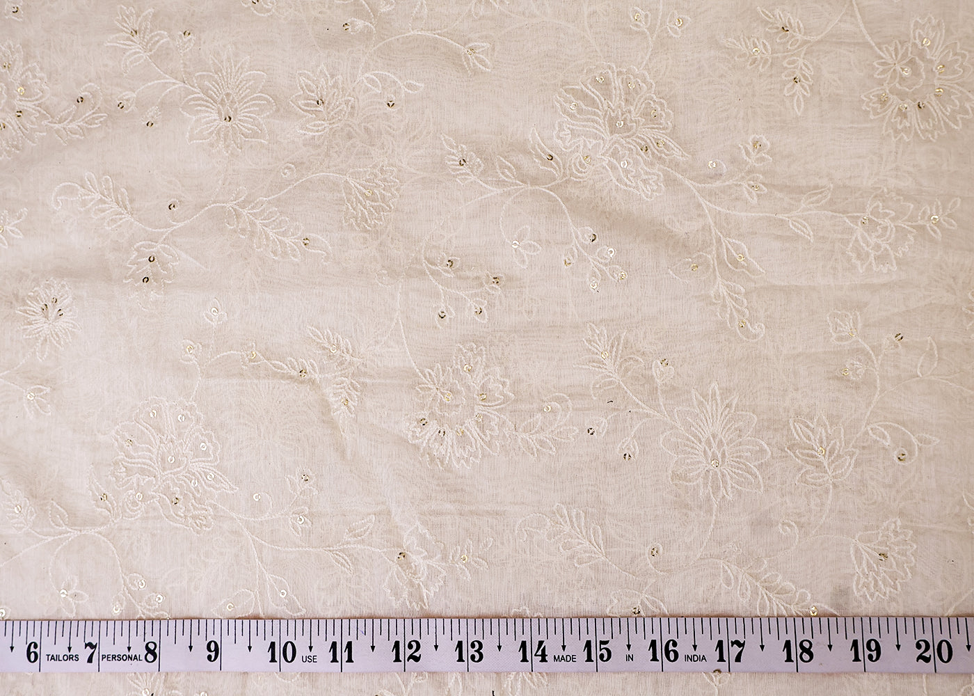 White Chanderi Fabric with All Over Thread and Sequins Work 15371