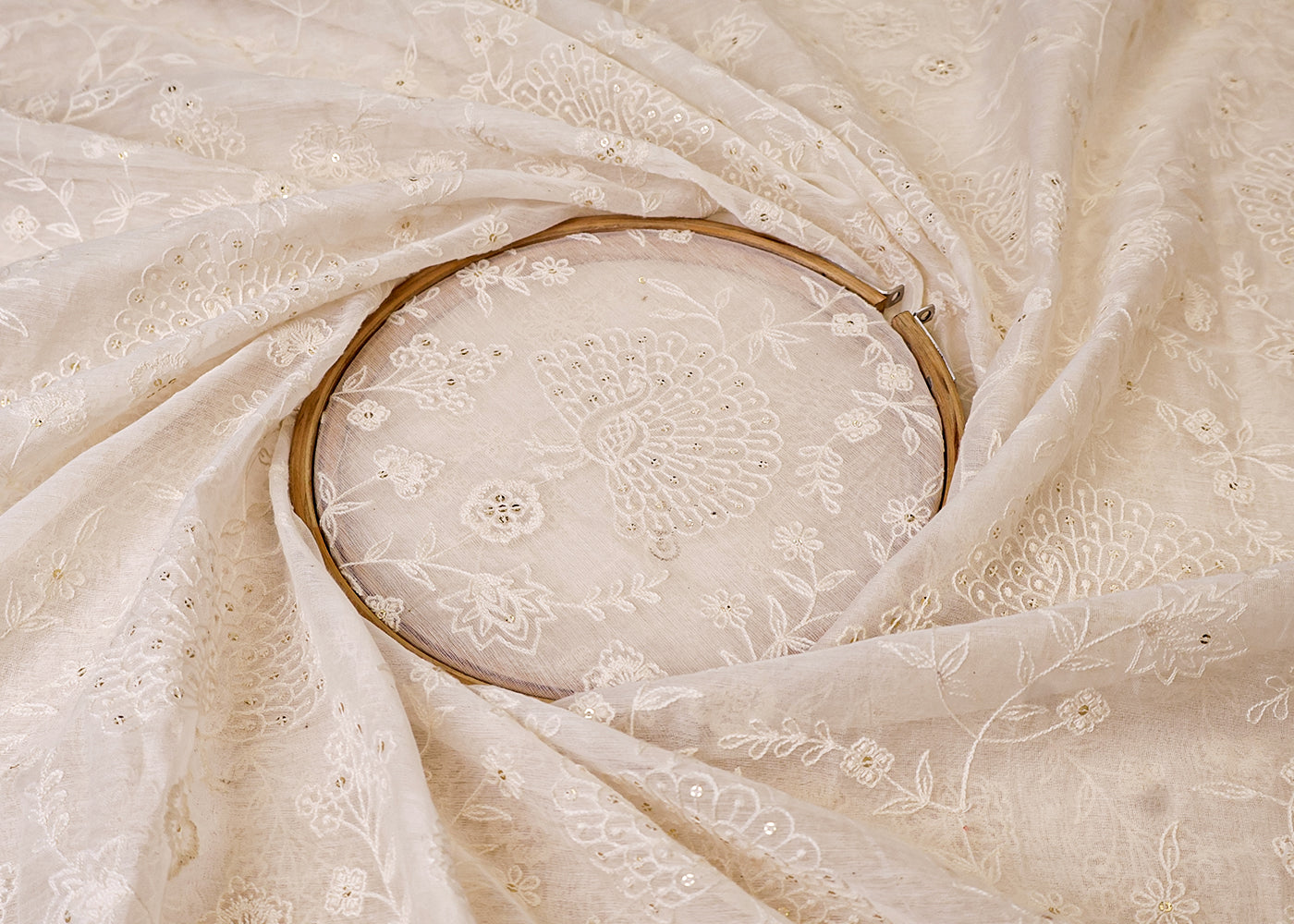 White Chanderi Fabric with All Over Thread and Sequins Work 15373