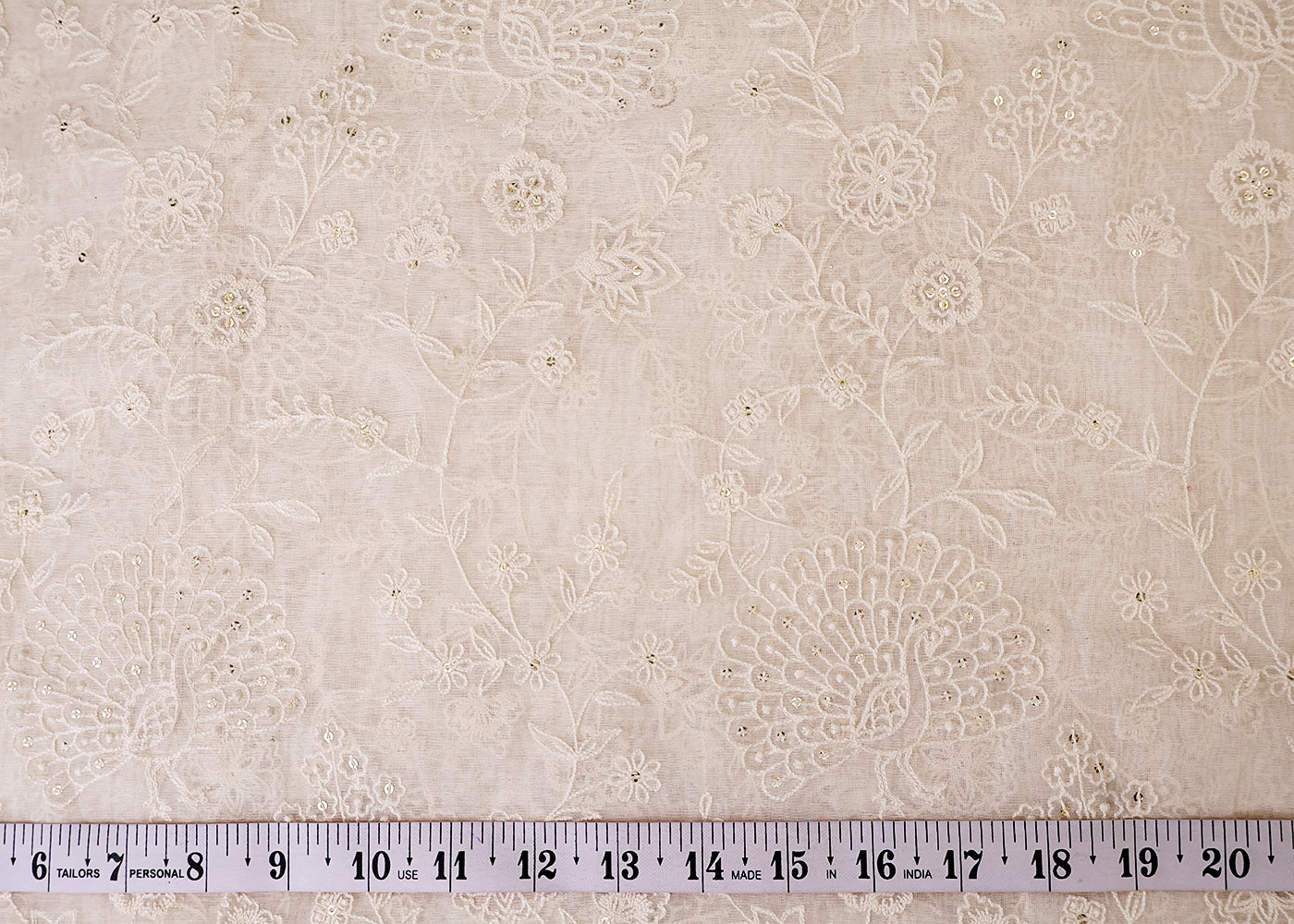 White Chanderi Fabric with All Over Thread and Sequins Work 15373