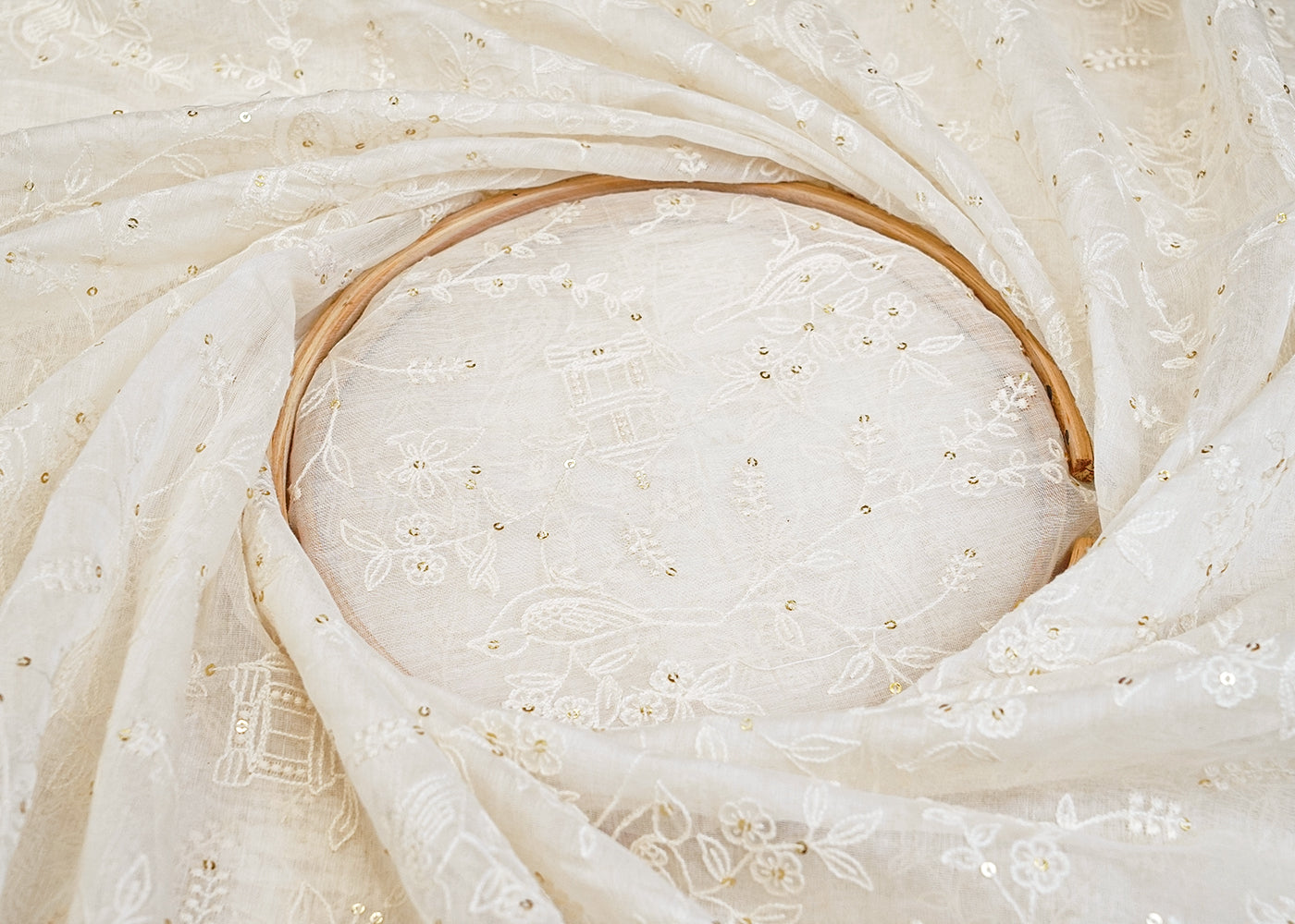 White Chanderi Fabric with All Over Thread and Sequins Work 15374