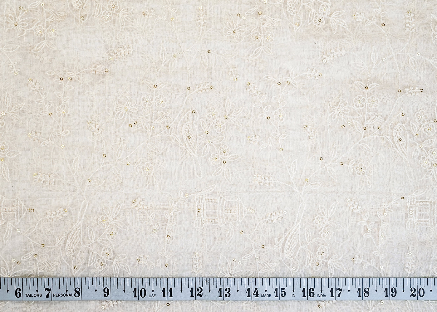 White Chanderi Fabric with All Over Thread and Sequins Work 15374