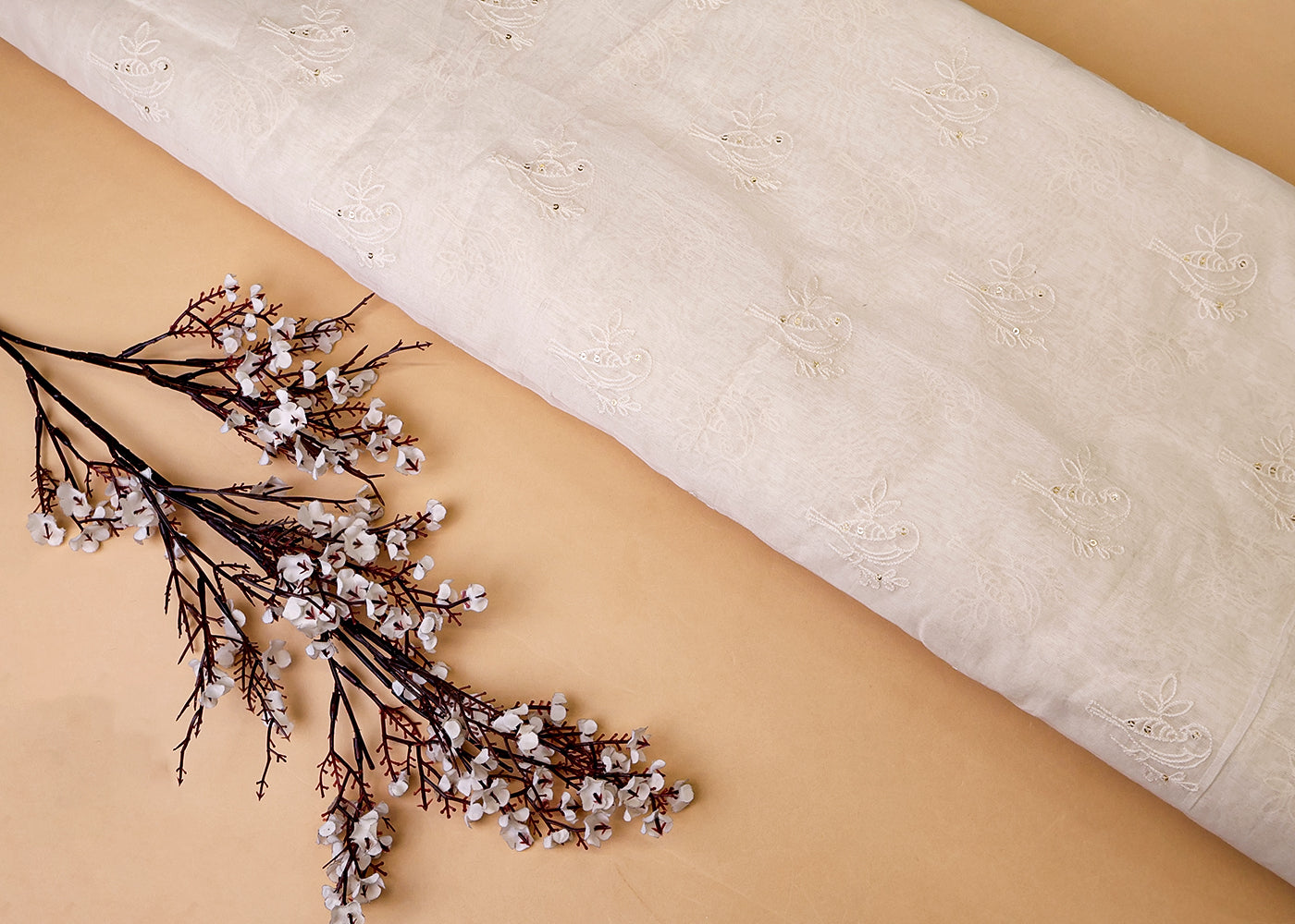 White Chanderi Fabric with All Over Thread and Sequins Motif 15376