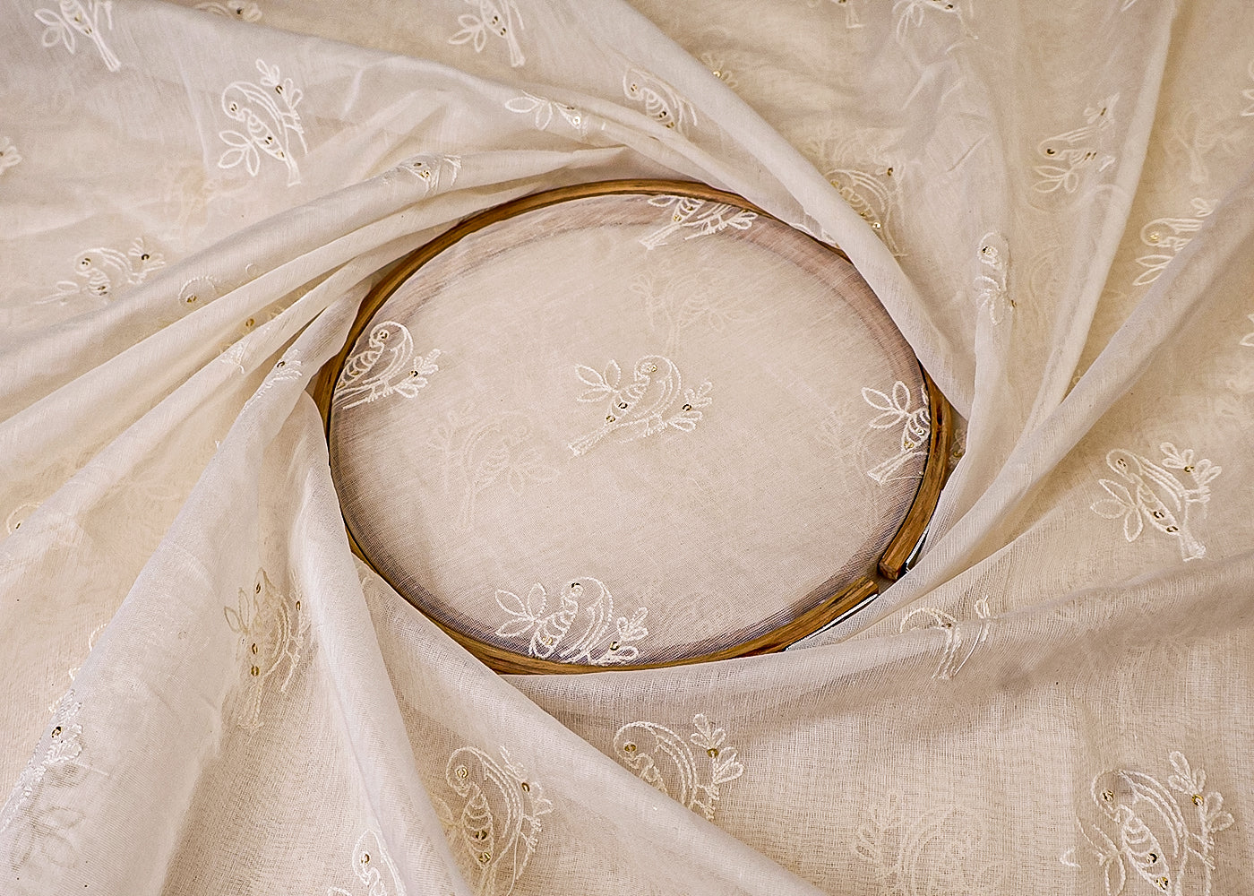 White Chanderi Fabric with All Over Thread and Sequins Motif 15376