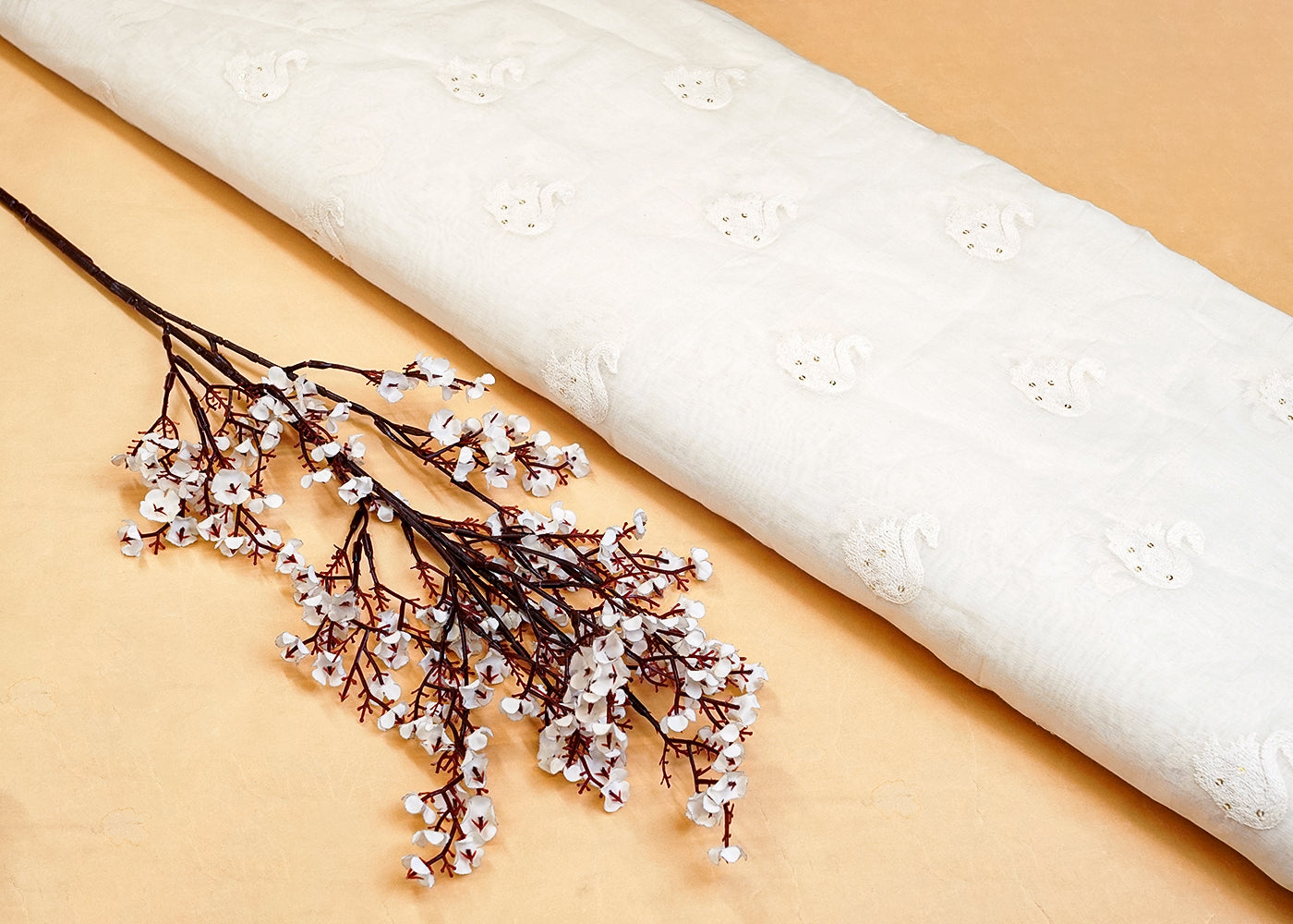 White Chanderi Fabric with All Over Thread and Sequins Motif 15377