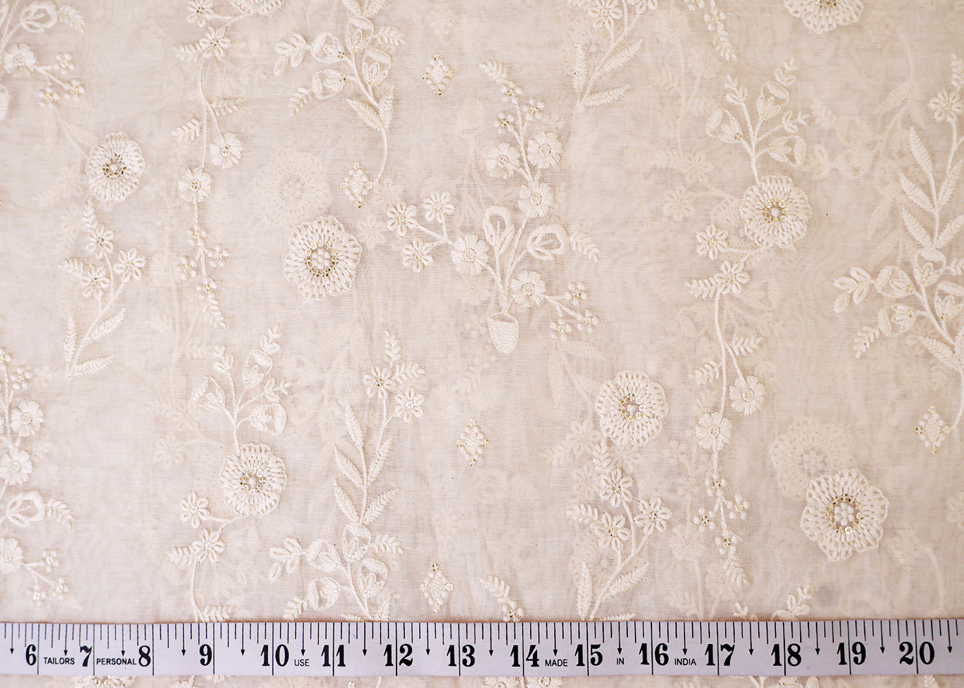 White Chanderi Fabric with All Over Thread and Sequins Work 15380