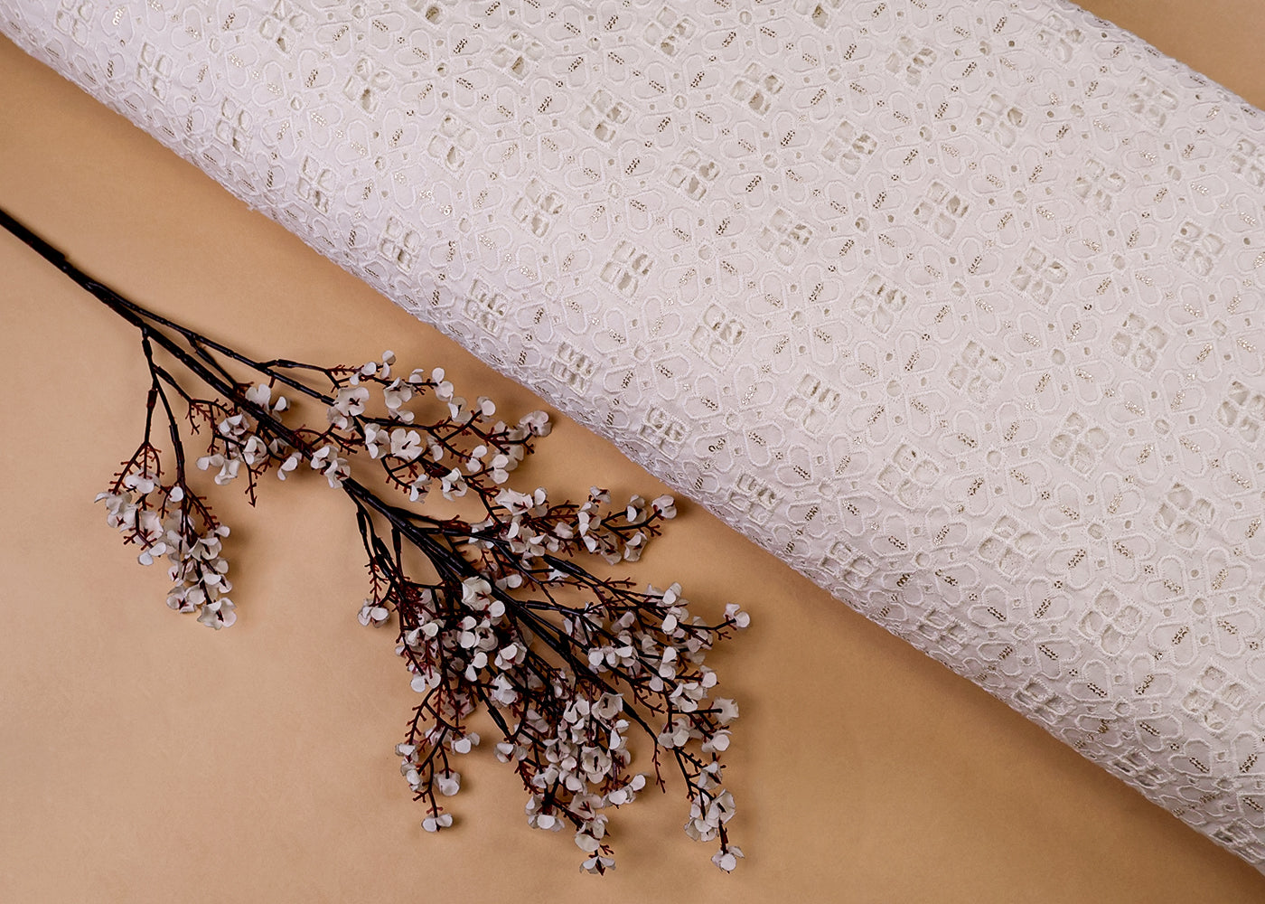 White Cotton Fabric with All-Over Sequins And Cut-Work 15397