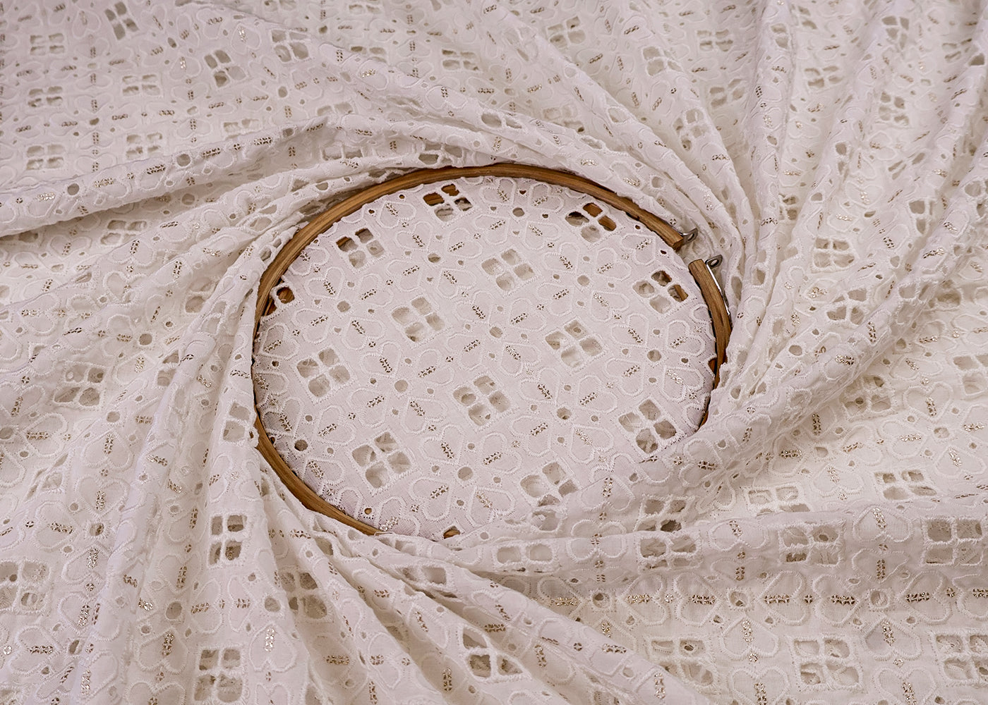 White Cotton Fabric with All-Over Sequins And Cut-Work 15397