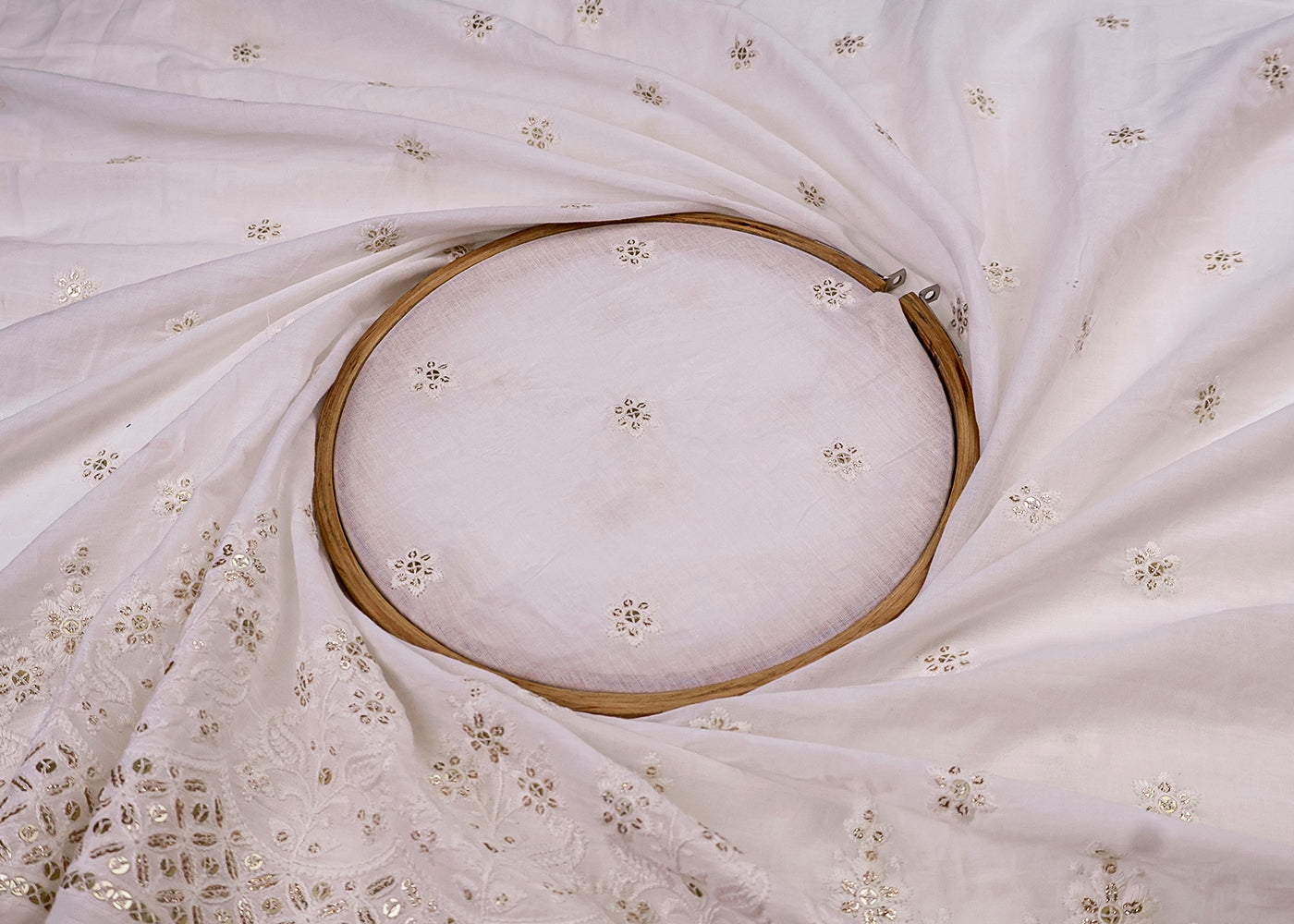 White Cotton Fabric with All-over Buti of Thread And Sequins with Heavy Border 15399