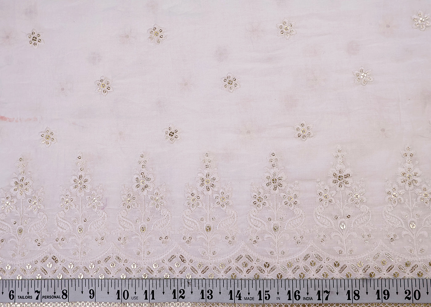 White Cotton Fabric with All-over Buti of Thread And Sequins with Heavy Border 15399