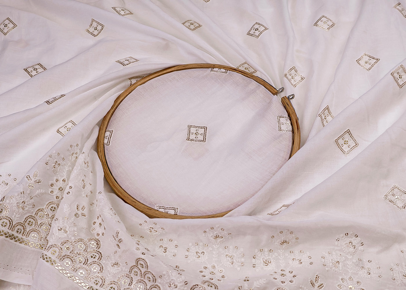 White Cotton Fabric with All-over Buti of Thread And Sequins with Heavy Border 15400