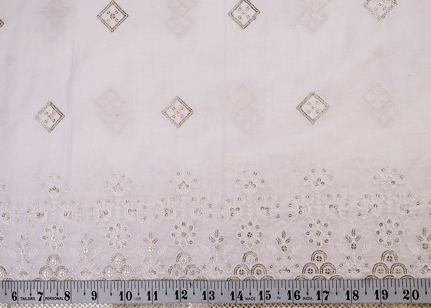 White Cotton Fabric with All-over Buti of Thread And Sequins with Heavy Border 15400