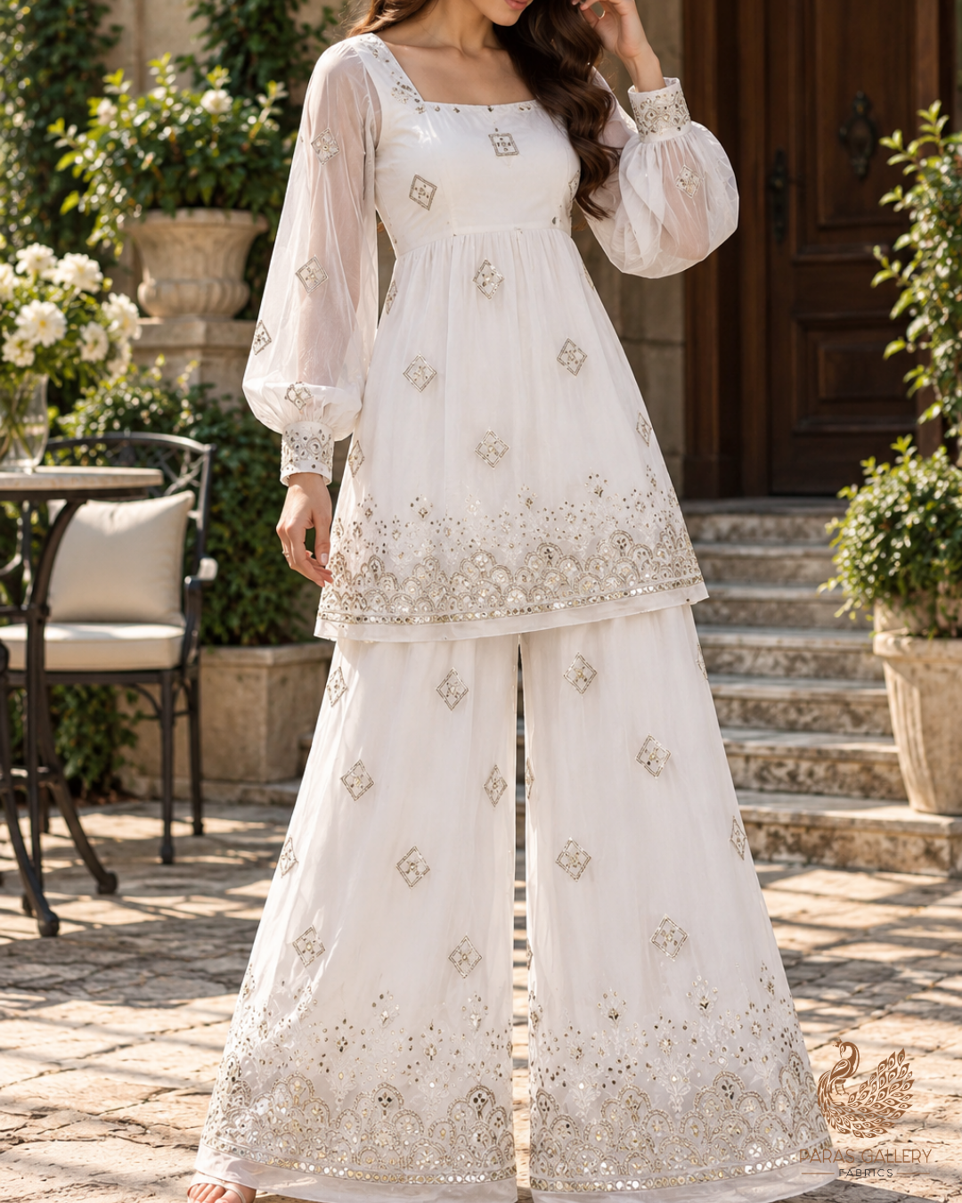 White Cotton Fabric with All-over Buti of Thread And Sequins with Heavy Border 15400