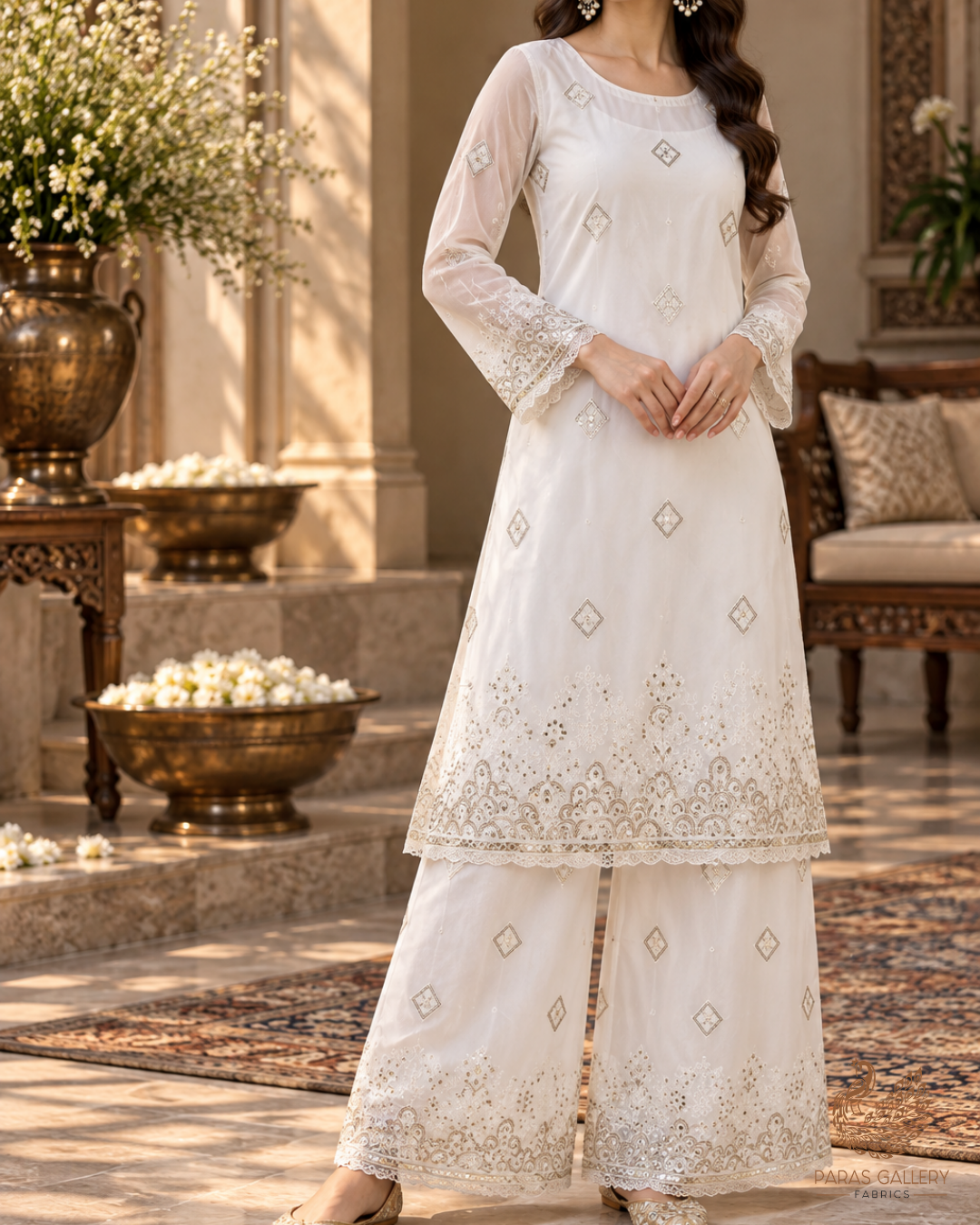 White Cotton Fabric with All-over Buti of Thread And Sequins with Heavy Border 15400
