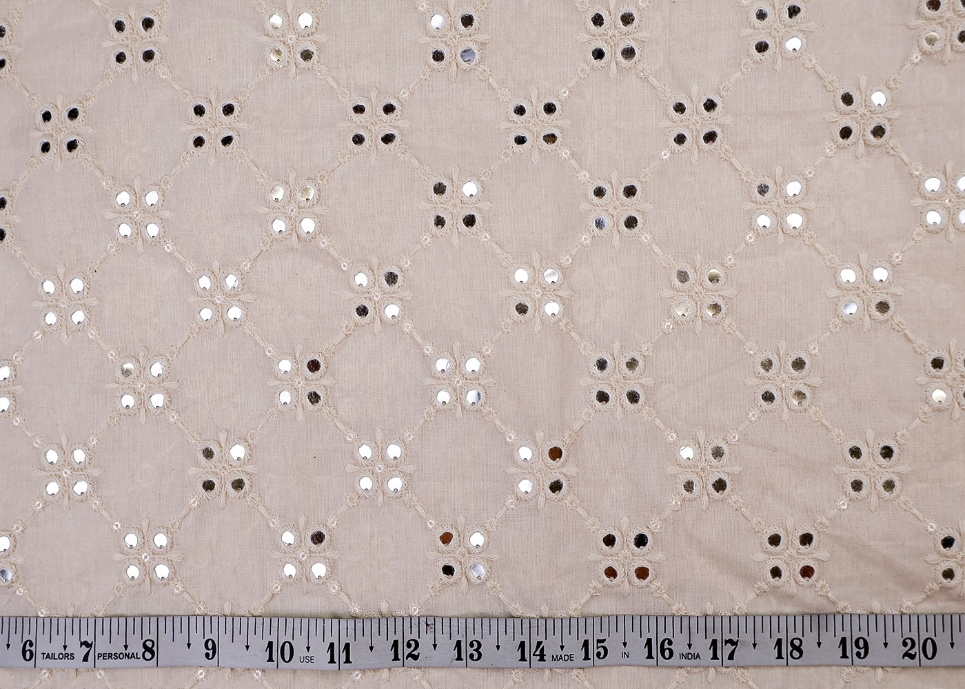 White Cotton Fabric with All-over Thread, Sequins and Faux Mirror Work 15402