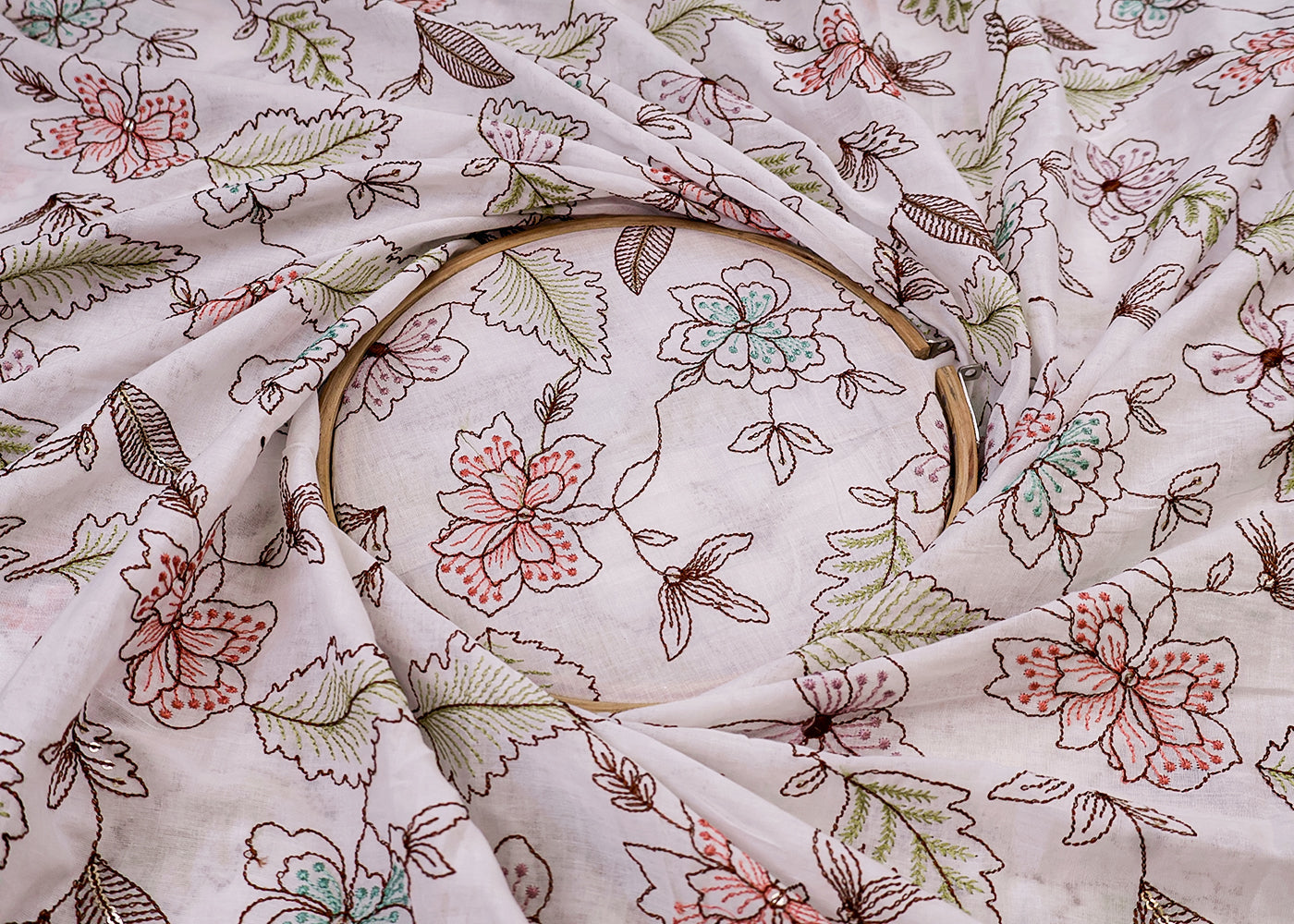 White Cotton Fabric with All-over Colorful Thread And Sequins Work 15404