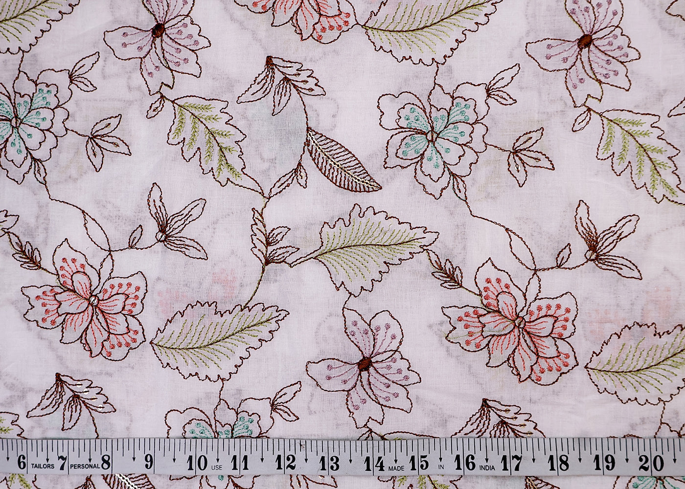 White Cotton Fabric with All-over Colorful Thread And Sequins Work 15404