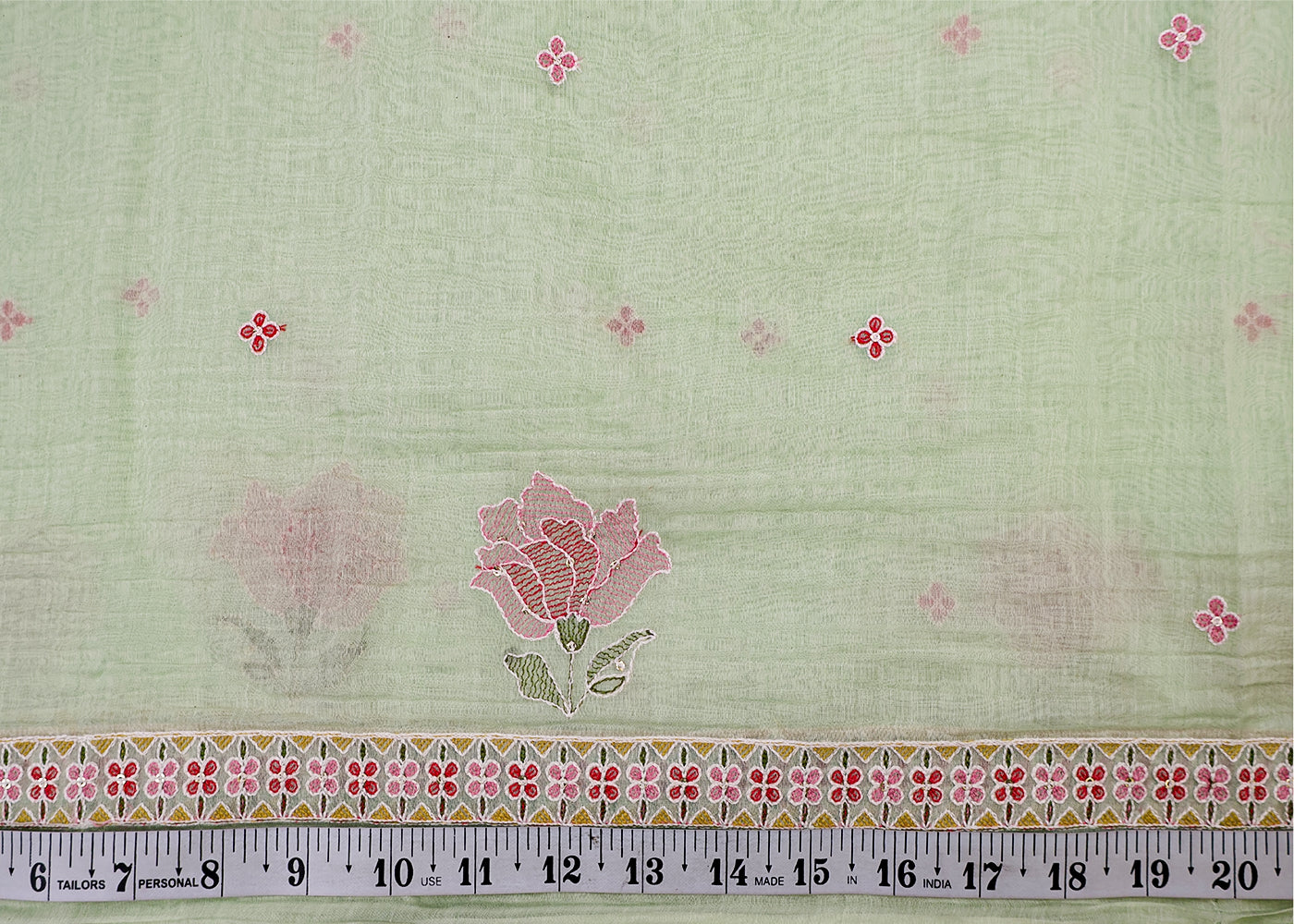 Sea Green Chanderi Dupatta Fabric with Floral Buti and Borders of Thread and Sequins 15428