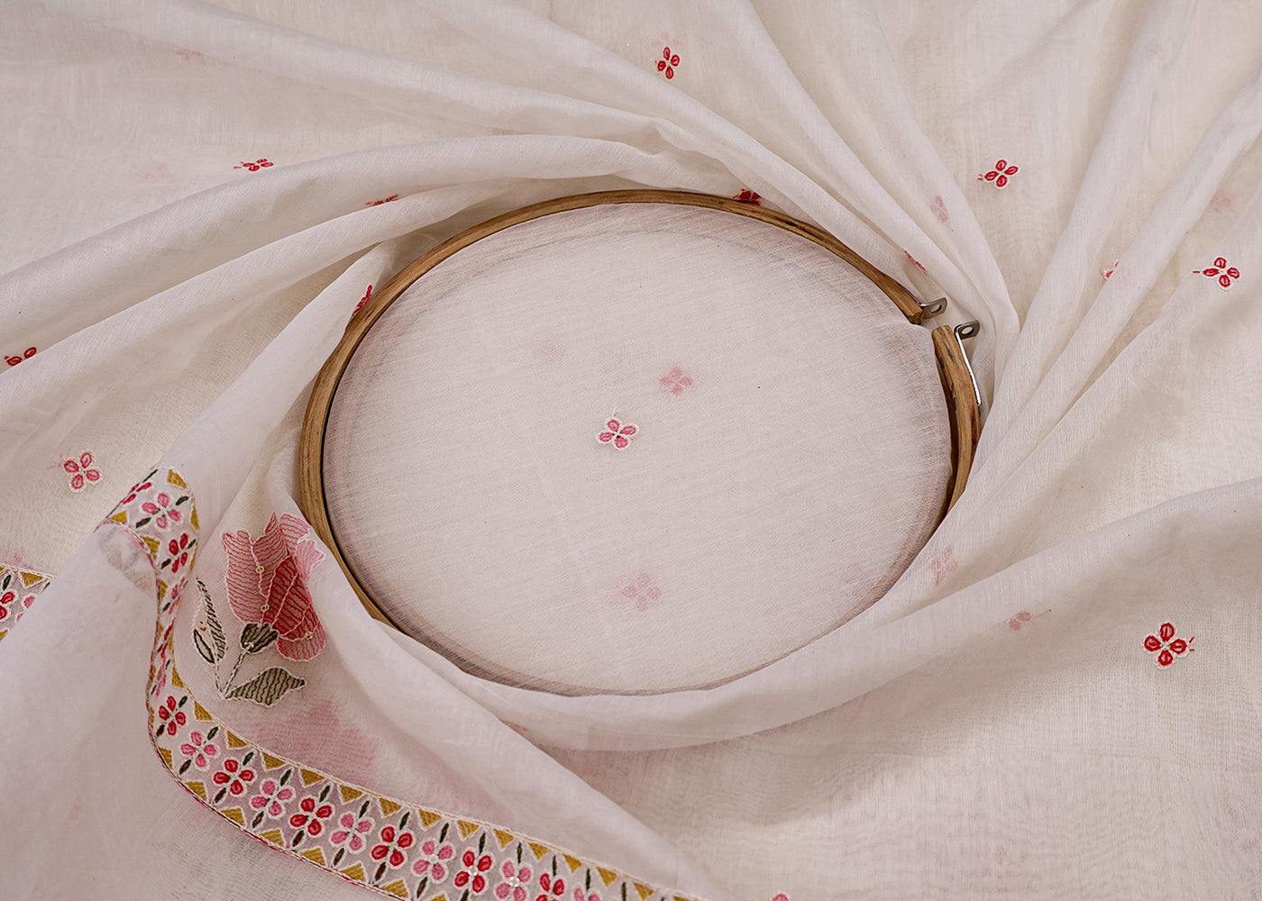 Off-White Chanderi Dupatta Fabric with Floral Buti and Borders of Thread and Sequins 15429