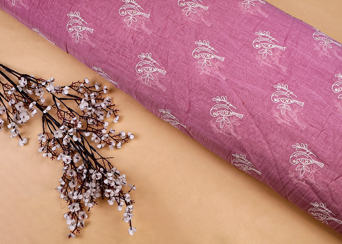 Pink Chanderi Fabric with Bird Buti of Thread and Sequins 15435