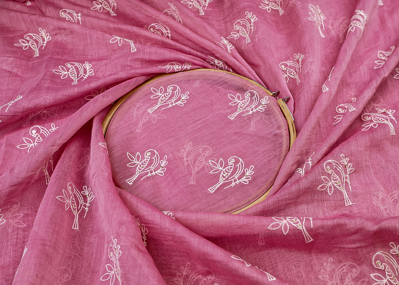 Pink Chanderi Fabric with Bird Buti of Thread and Sequins 15435
