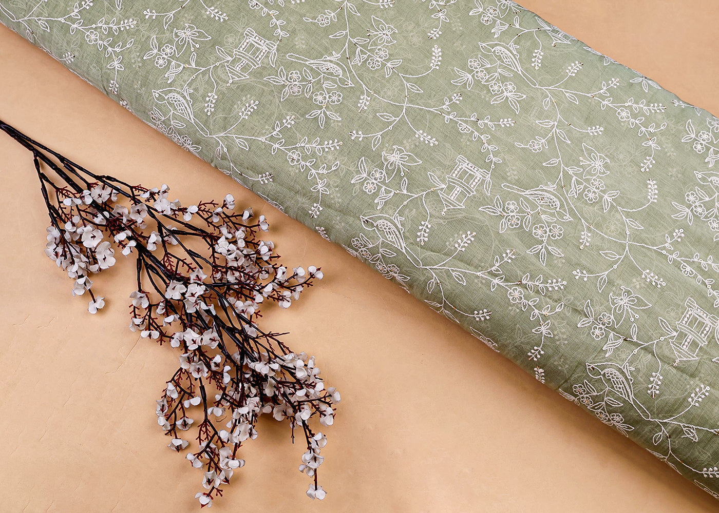 Mint Green Chanderi Fabric with All-Over Thread and Sequins Work 15439