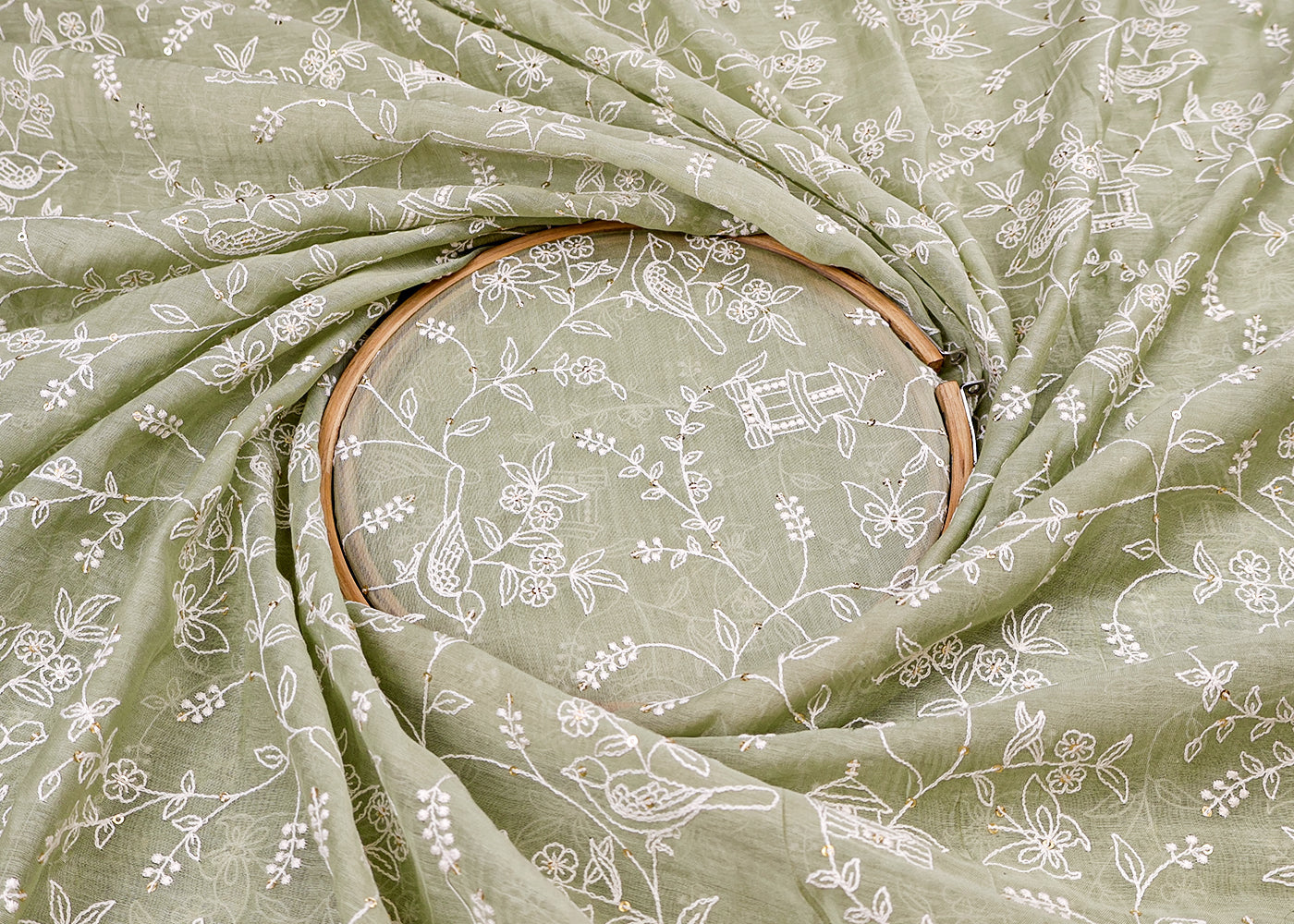 Mint Green Chanderi Fabric with All-Over Thread and Sequins Work 15439