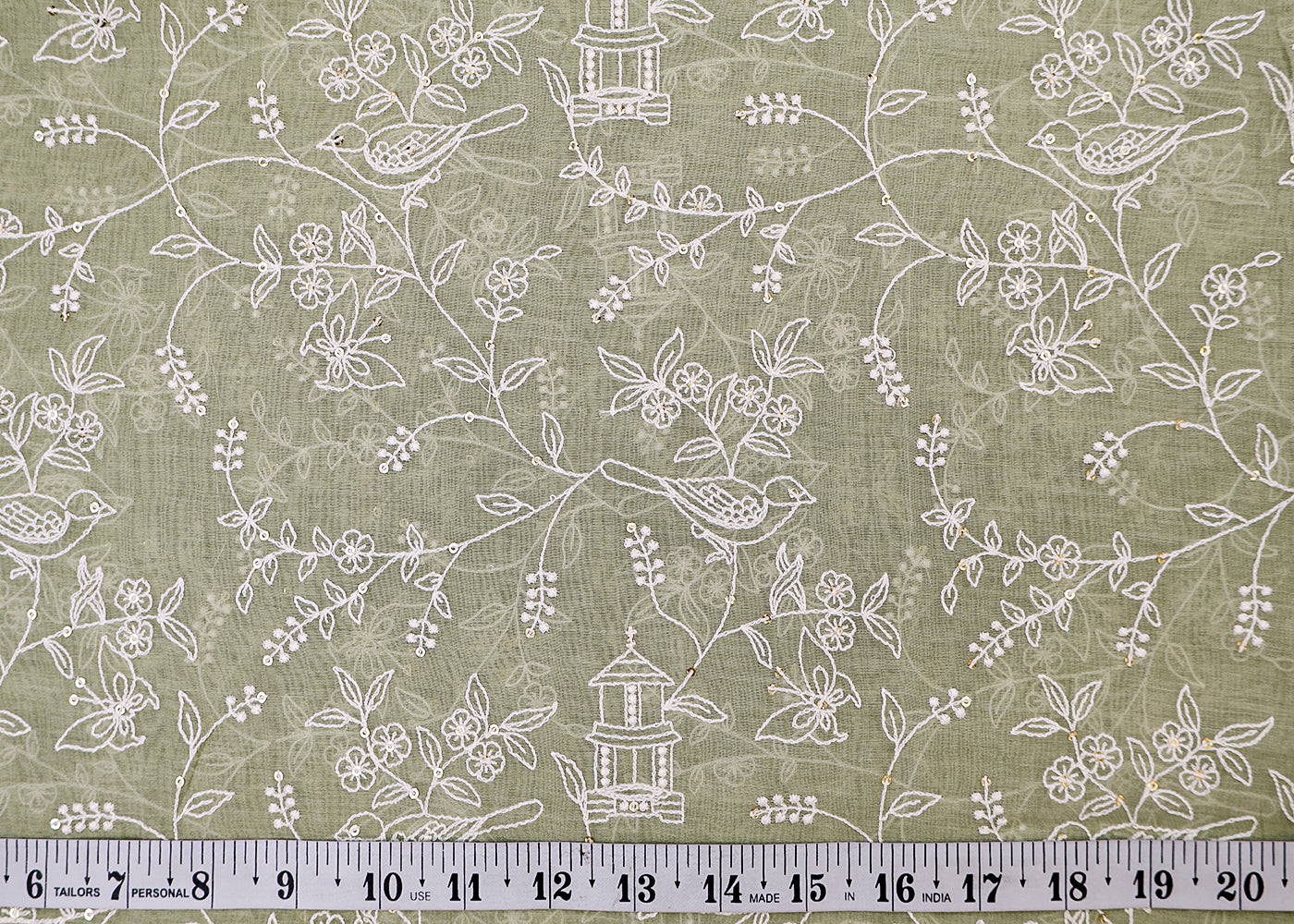 Mint Green Chanderi Fabric with All-Over Thread and Sequins Work 15439