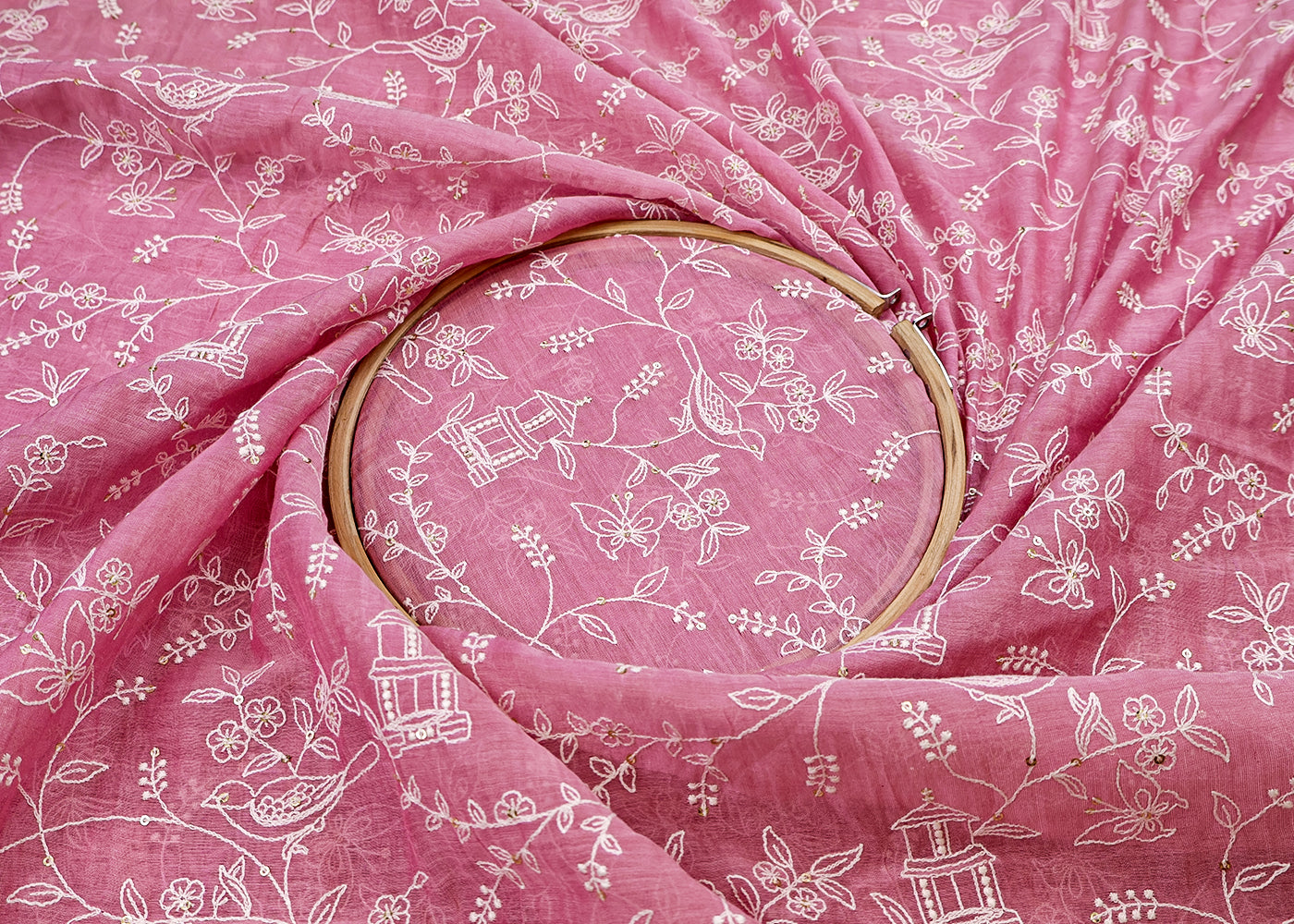 Pink Chanderi Fabric with All-Over Thread and Sequins Work 15440