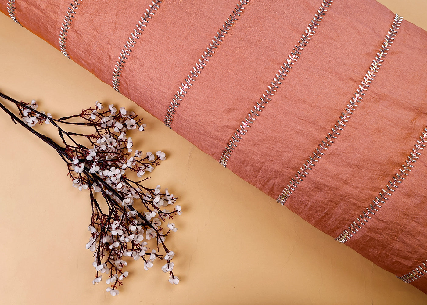 Peach Diamond Silk Fabric with All Over Katdana and Sequins Stripes 15455