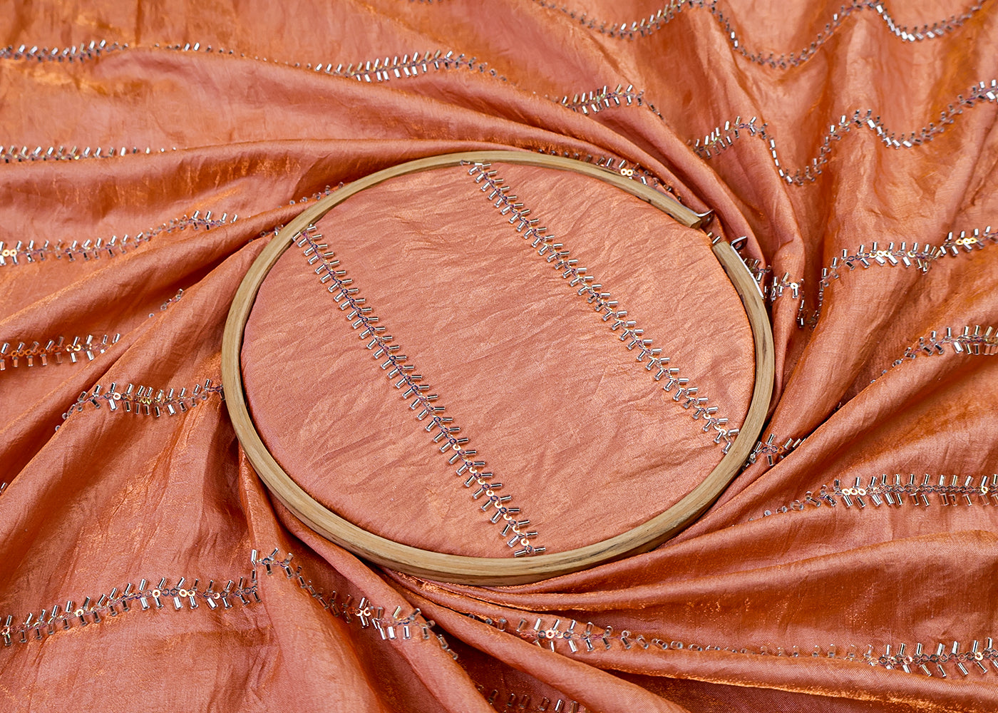 Peach Diamond Silk Fabric with All Over Katdana and Sequins Stripes 15455