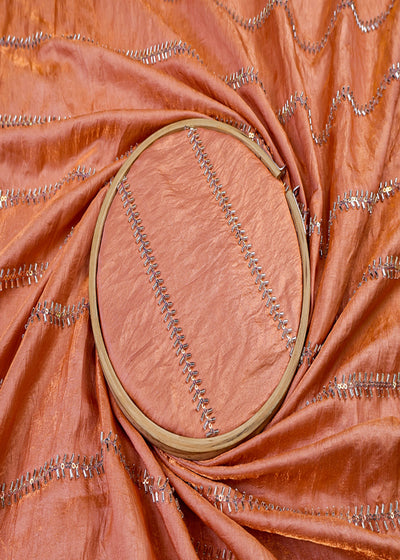 The Noor - Peach Silk Tissue Fabric with Classic Stripes Of Pearl, Katdana, and Sequins | 15455
