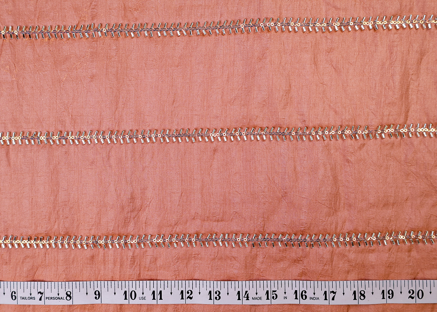 The Noor - Peach Diamond Silk Tissue Fabric with Classic Stripes Of Pearl, Katdana, and Sequins | 15455