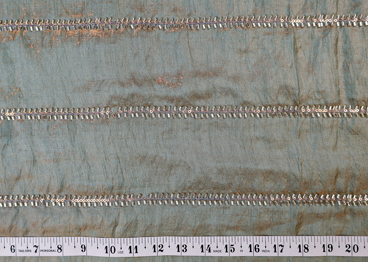 Teal Blue Diamond Silk Fabric with All Over Katdana and Sequins Stripes 15456
