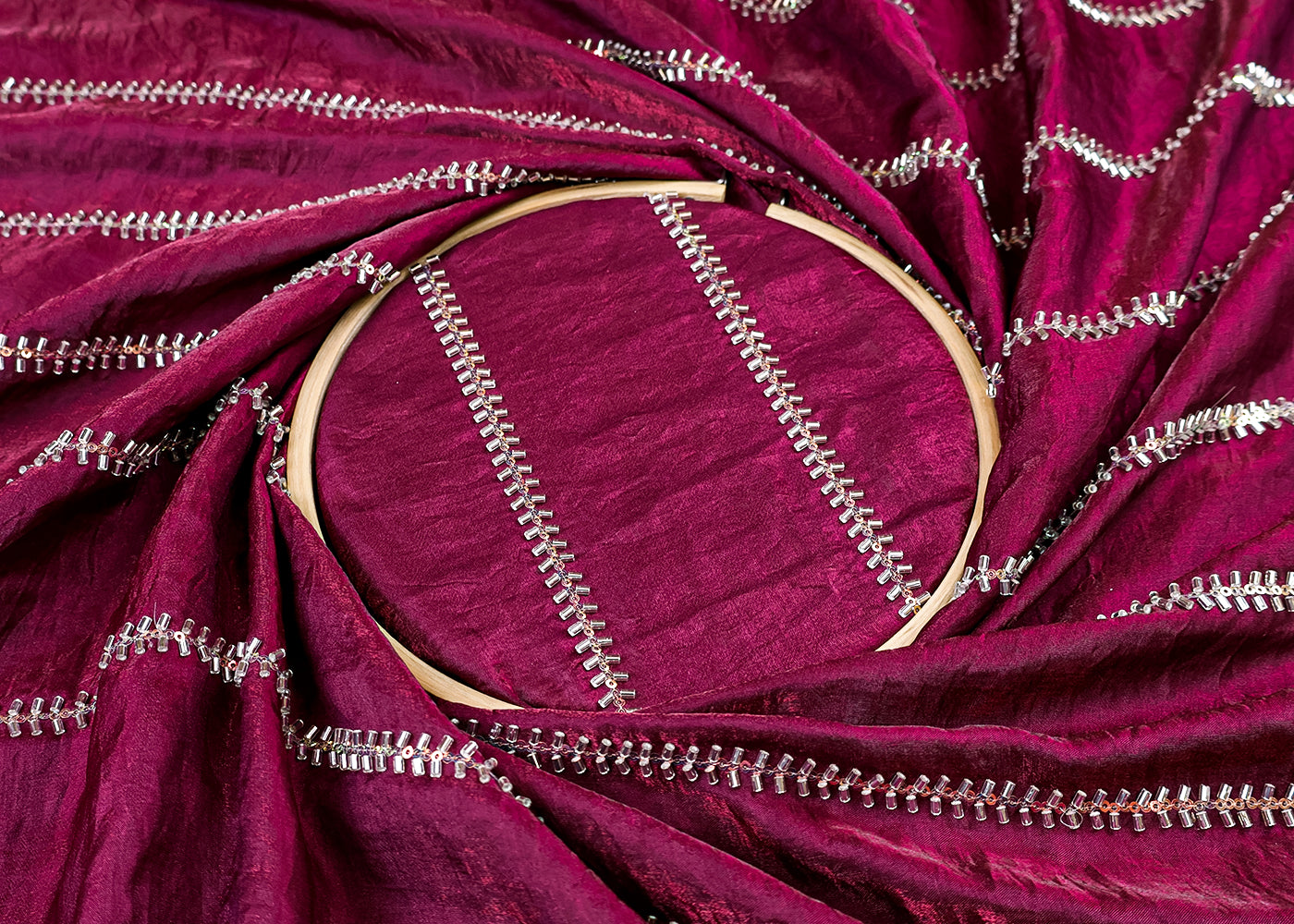 Wine Diamond Silk Fabric with All Over Katdana and Sequins Stripes 15460