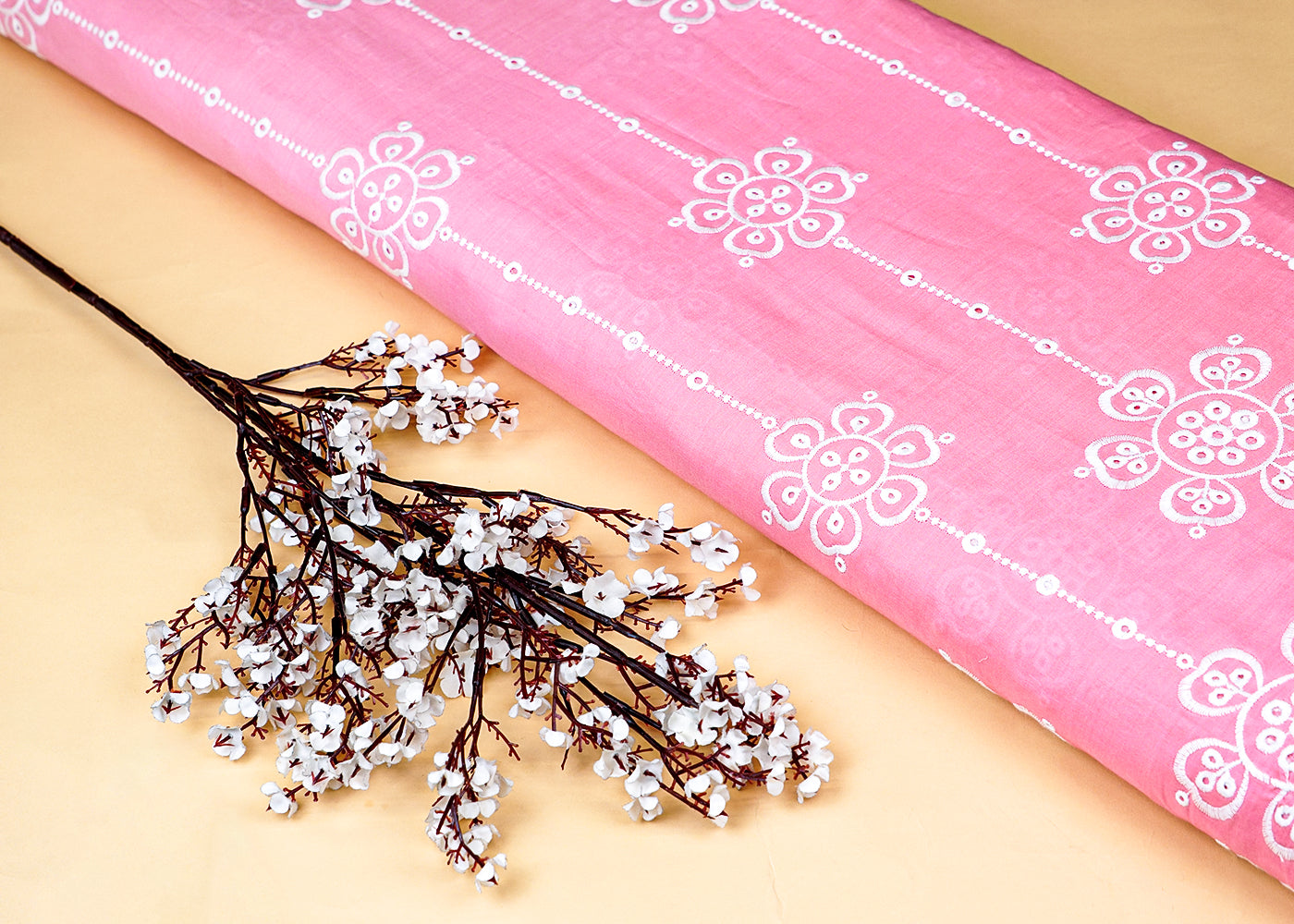 Pink Cotton Fabric with All Over Threadwork with One Side Scalloped Border 15470