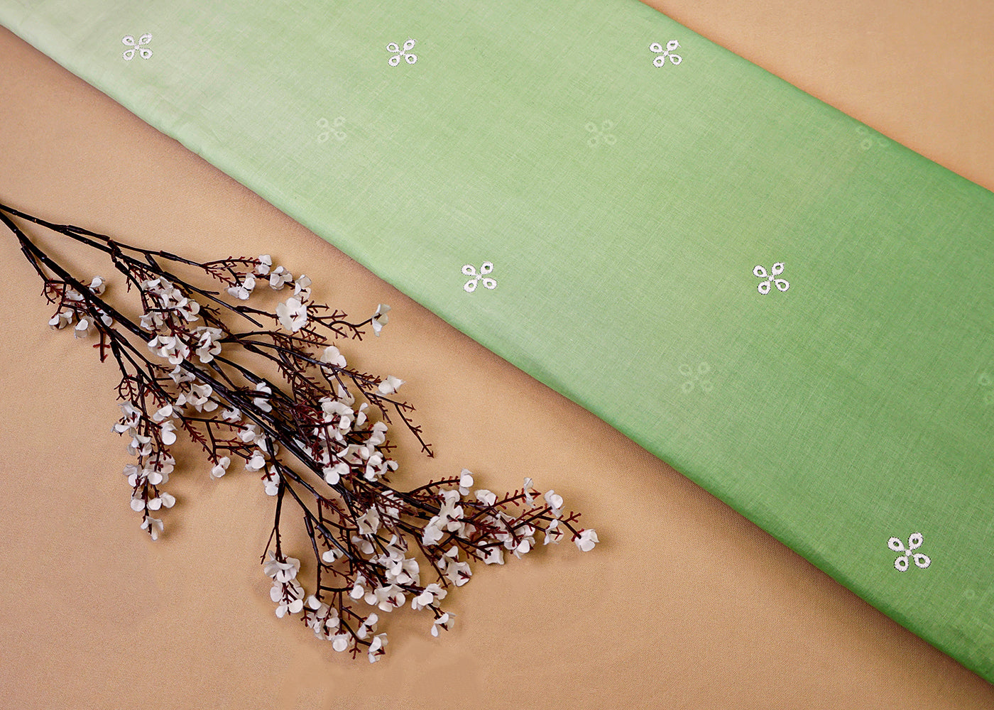 Green Cotton Fabric with All Over Threadwork with One Side Scalloped Border 15473