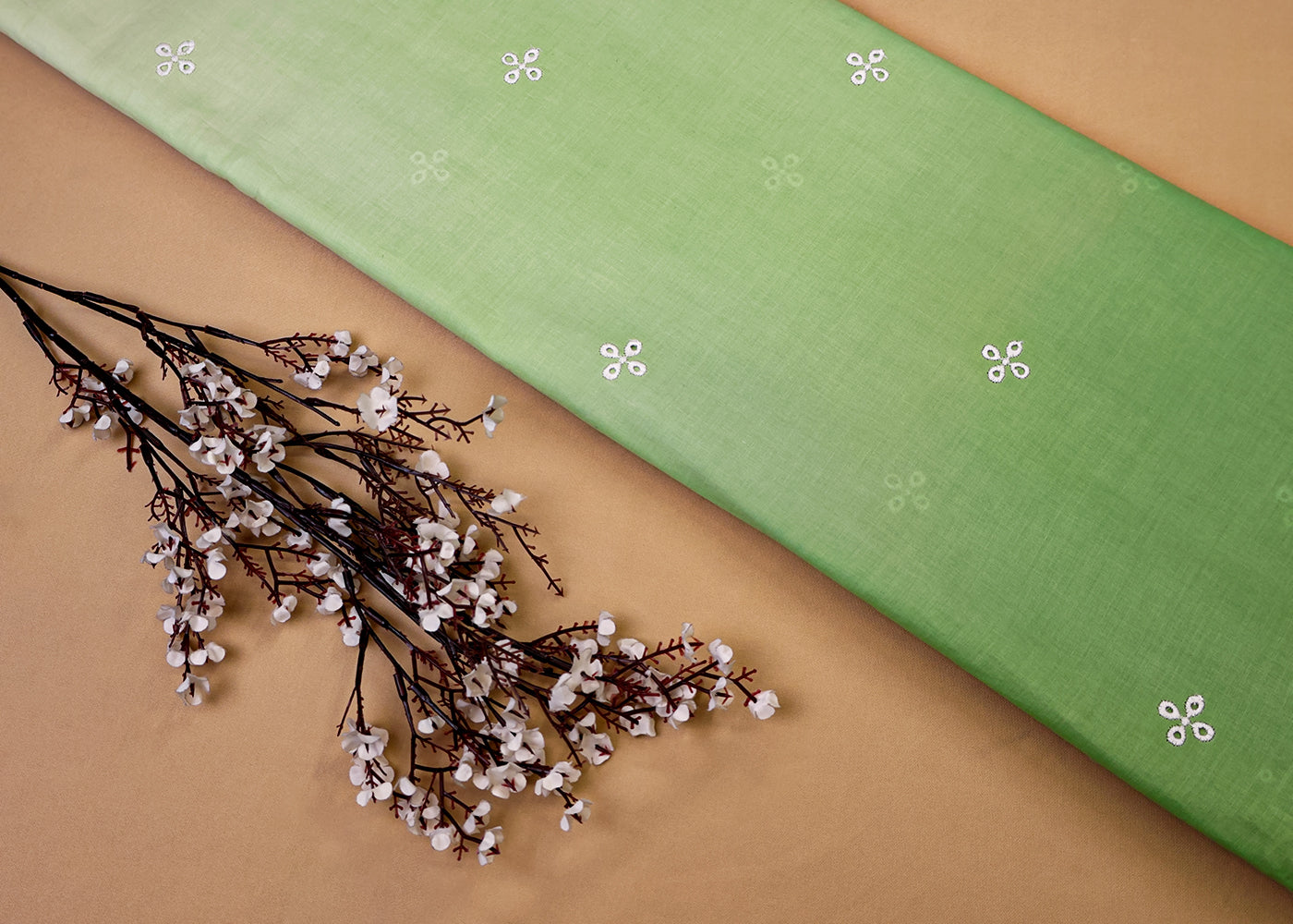 Green Cotton Fabric with All Over Threadwork with One Side Scalloped Border 15473