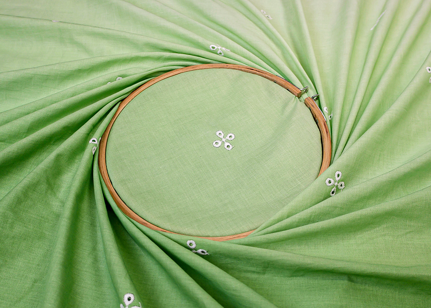 Green Cotton Fabric with All Over Threadwork with One Side Scalloped Border 15473