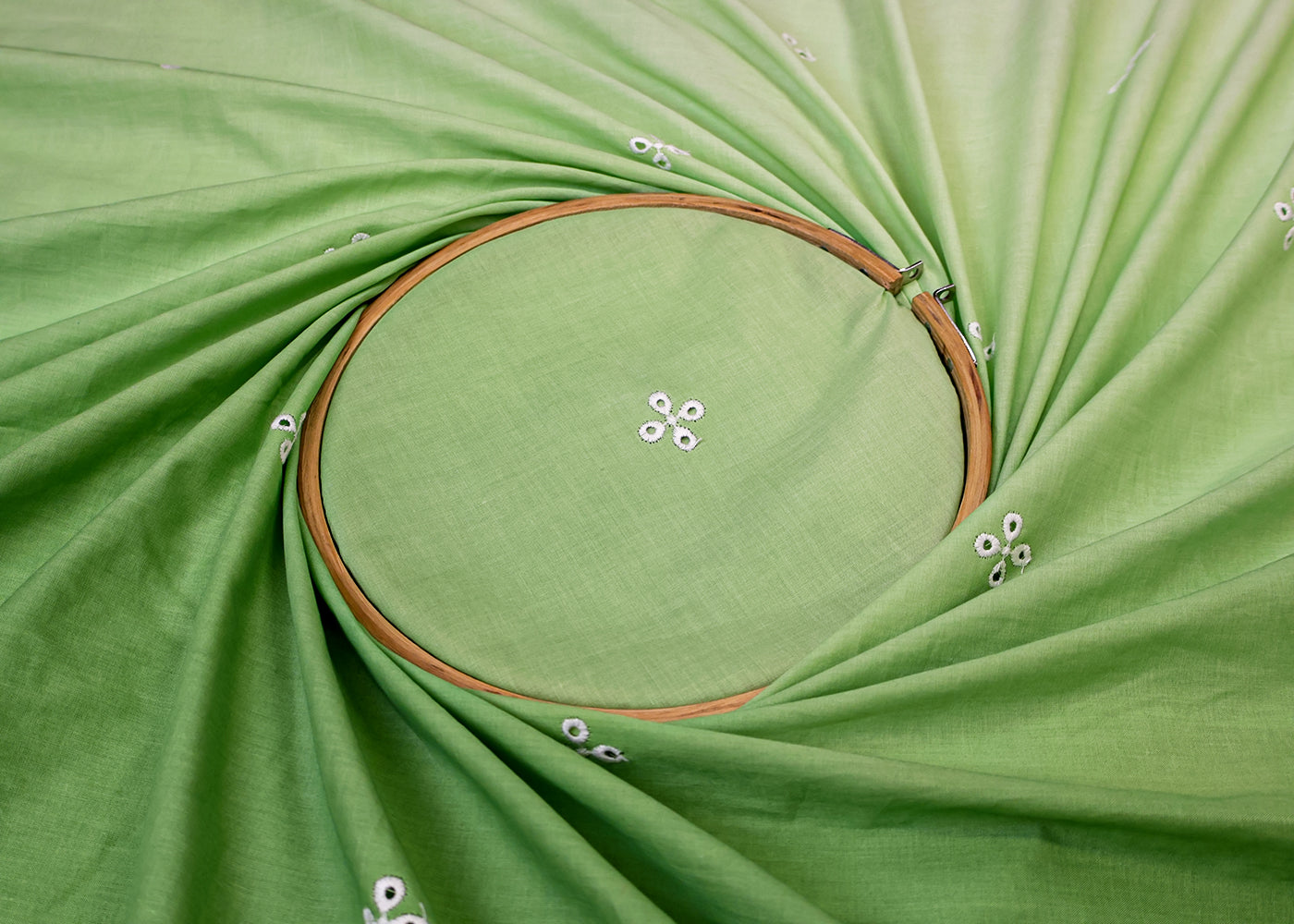Green Cotton Fabric with All Over Threadwork with One Side Scalloped Border 15473