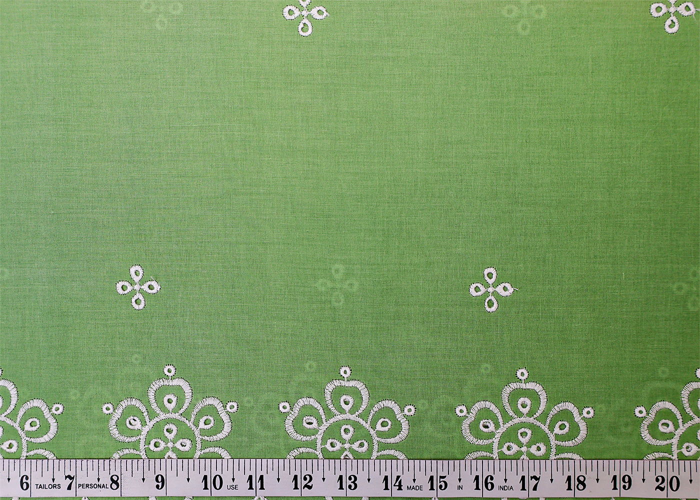 Green Cotton Fabric with All Over Threadwork with One Side Scalloped Border 15473