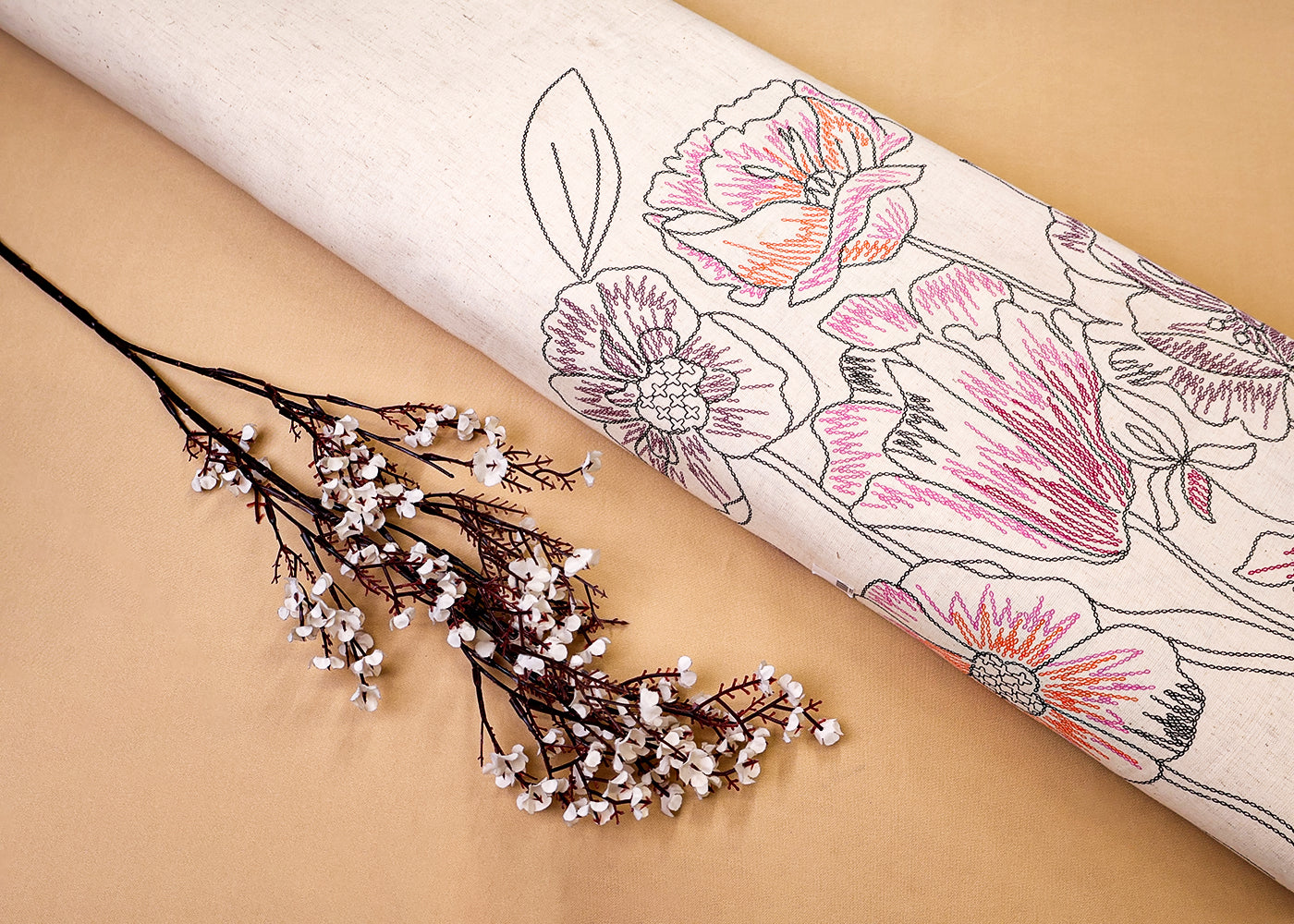 Multi-Colour Cotton Flex Fabric with Hand Block Floral Border Print 15477